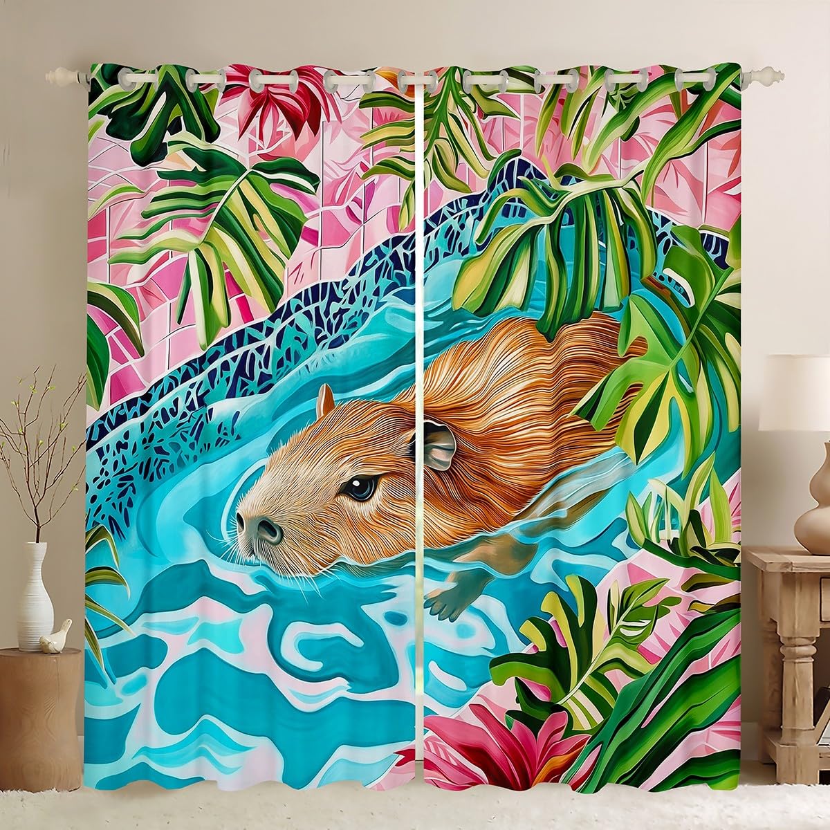 Cute Capybara Curtains,Kids Adults Teens Room Decor Summer Swimming Pool Animals Boys Girls Window Treatment Curtain,Hawaii Tropical Leaves Plants Window Drapes,Top 2 Panel,38Wx54L