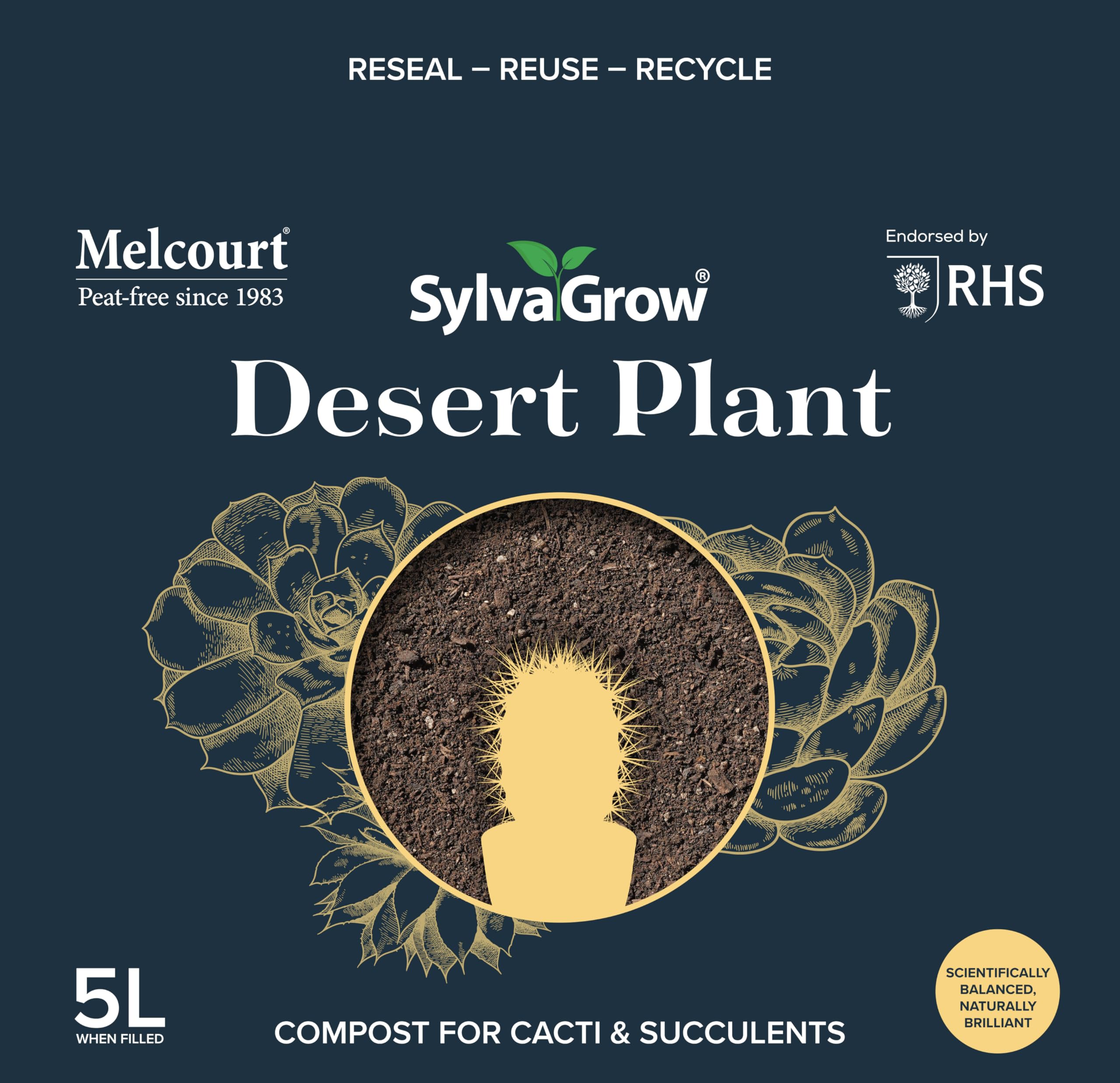 Melcourt SylvaGrow Desert Plant Compost, Peat-Free Cactus and Succulent Growing Medium, 5L, RHS Endorsed