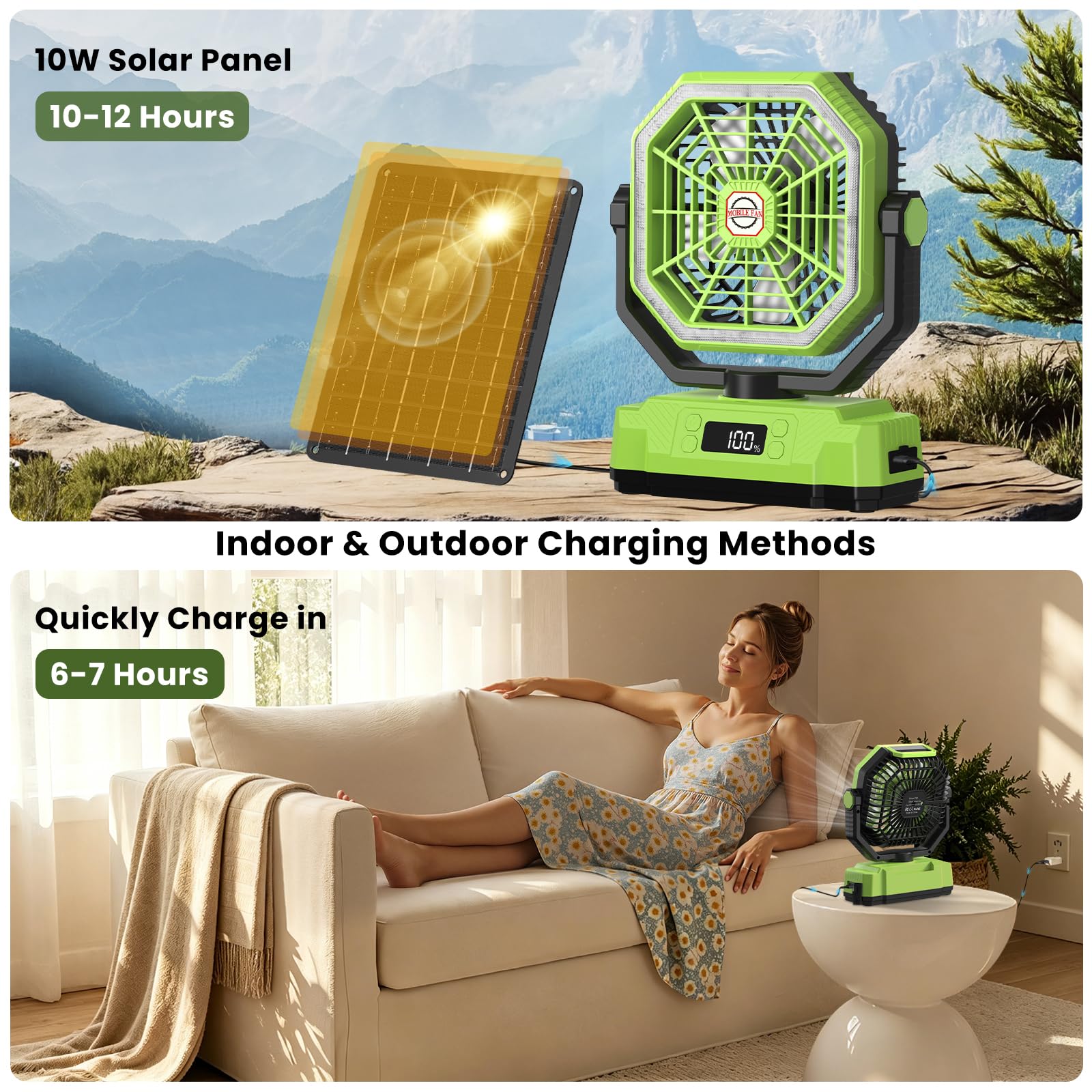 Ventilateur Solaire avec Batterie 20000mAh,Panneau Solaire 10 W,Lanterne LED,Affichage Numérique,Secouant la tête,Télécommande,Minuterie,Crochet.Ventilateur Camping USB Rechargeable pour Extérieur