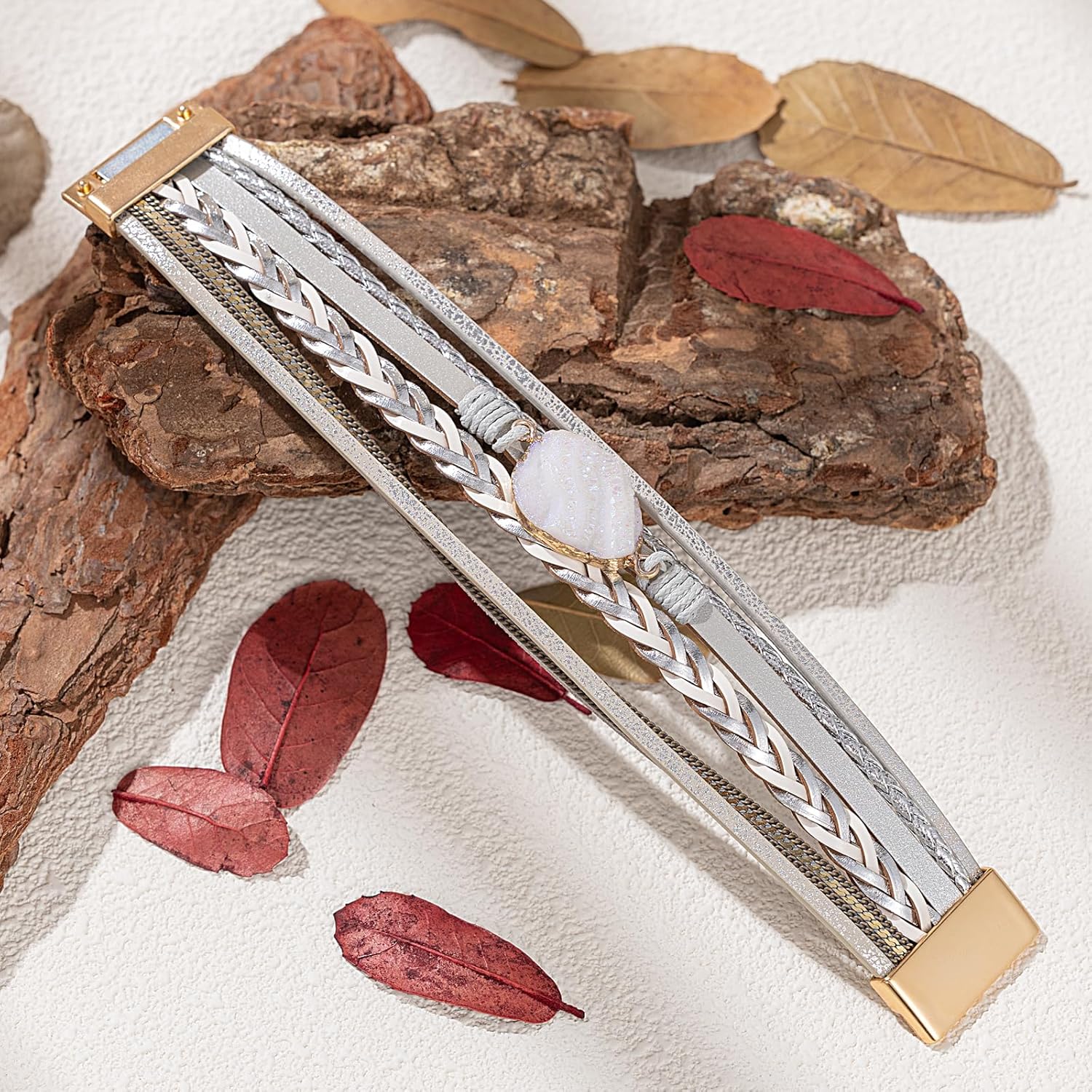 FANCY SHINY Braided Leather Bangle Bracelets Boho Resin Stone Wrap Bracelets Stackable Cuff Bracelets with Magnetic Clasp for Women - Image 7