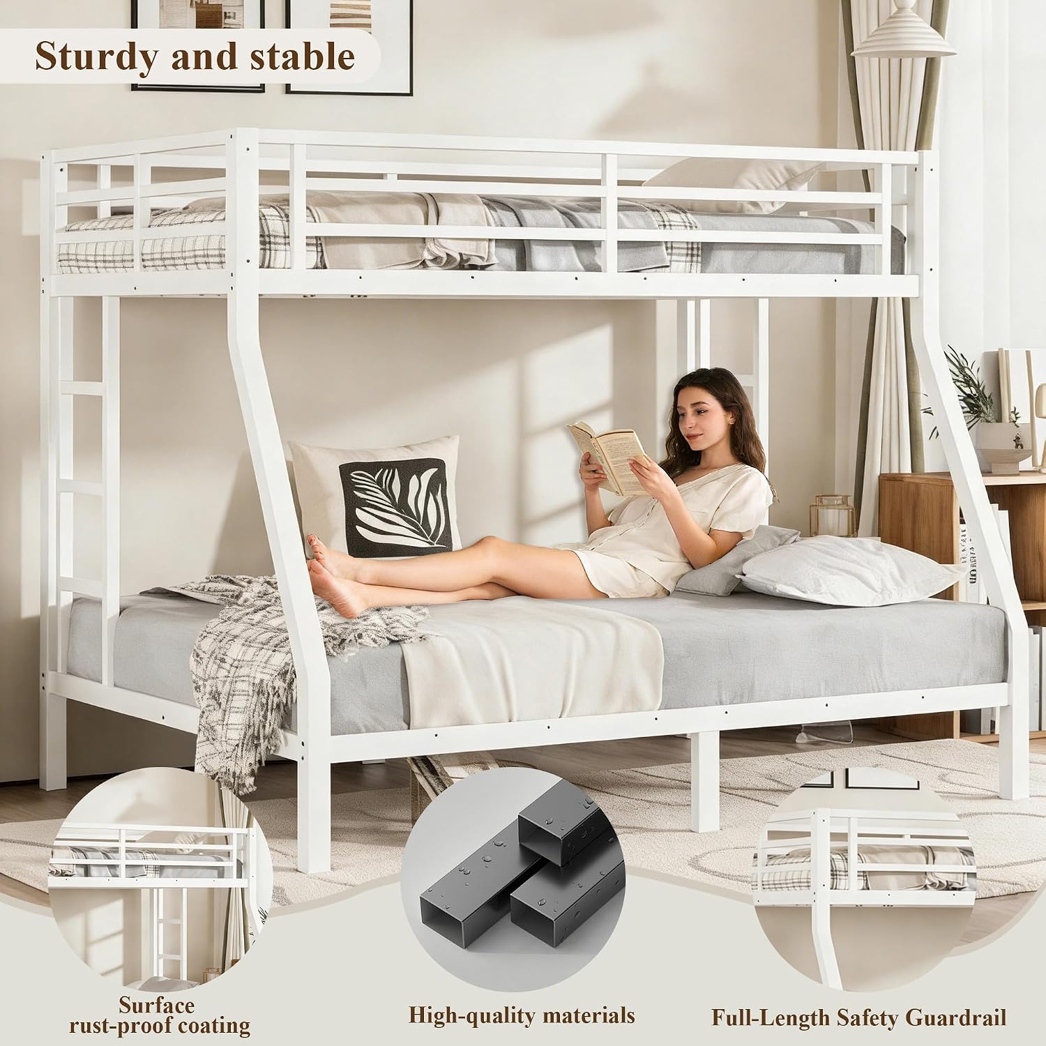 Twin over Full Metal Bunk Beds for Kids Teens Adults, Heavy-duty Metal Bunk Bed Frame with Guardrail, 2 Ladders & Under-bed Storage for Bedroom Guest Room Dorms, Space-saving/Noise-reduce, White