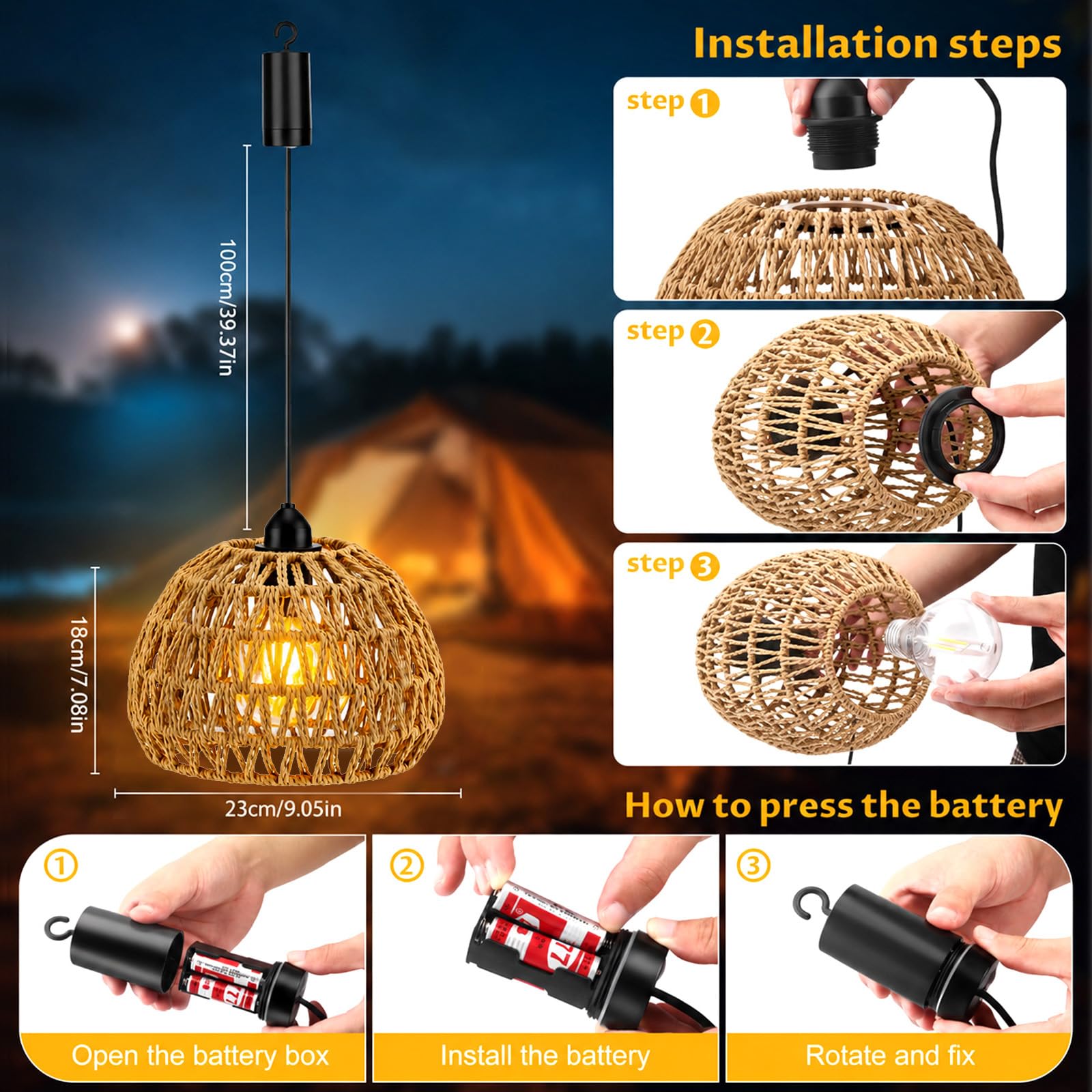 Rattan Hängelampe 2pcs, E27 Retro Pendelleuchte mit Dimmbar Schalter, Vintage akku Hängelampe, Boho Lampe, Indoor/Outdoor Hängeleuchte für Schlafzimmer Foyer Balkon