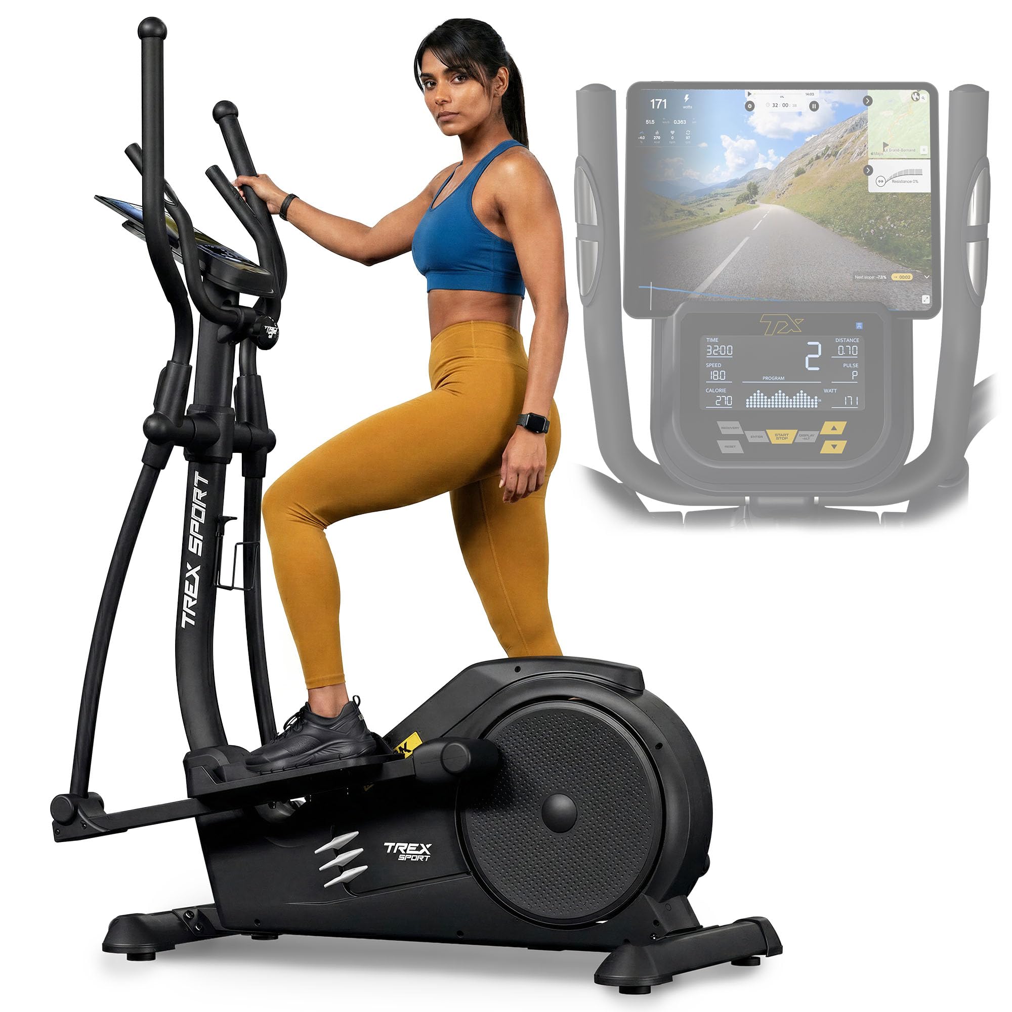 TREX SPORT Crosstrainer für Zuhause STARK bis 135kg Elektrisch 32 Stufen | TX-700ECT Ellipsentrainer mit Computer & Pulssensoren, Magnetbremssystem mit 32 Widerstandsstufen, 21 Programme