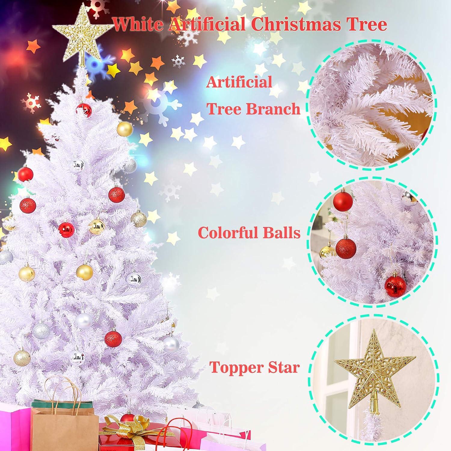 4ft/5ft/6ft Premium PVC Artificial Christmas Tree, with Christmas Tree Ornaments and Star Topper, for Xmas Holiday Home Indoor Outdoor Decoration, Foldable Metal Stand (White,6ft)