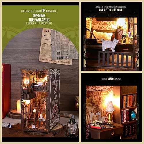 Miniatura 3 de Flever Kit en miniatura de rincón de libro para casa de muñecas, decoración de inserción de estantería, rompecabezas de madera 3D, sujetalibros