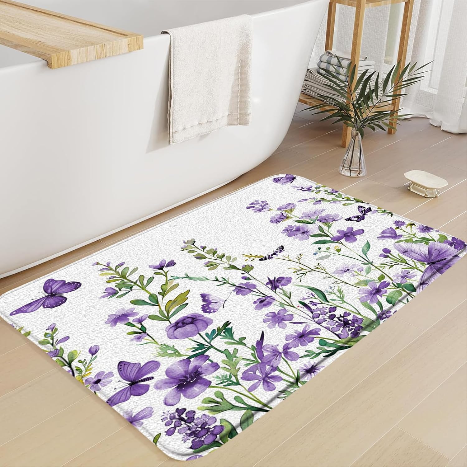 GCTNBJL Purple Floral Runner Bath Mat Watercolor Flower Butterfly Plant Cute Bathroom Kitchen Memory Foam Rug,24x60 Inch