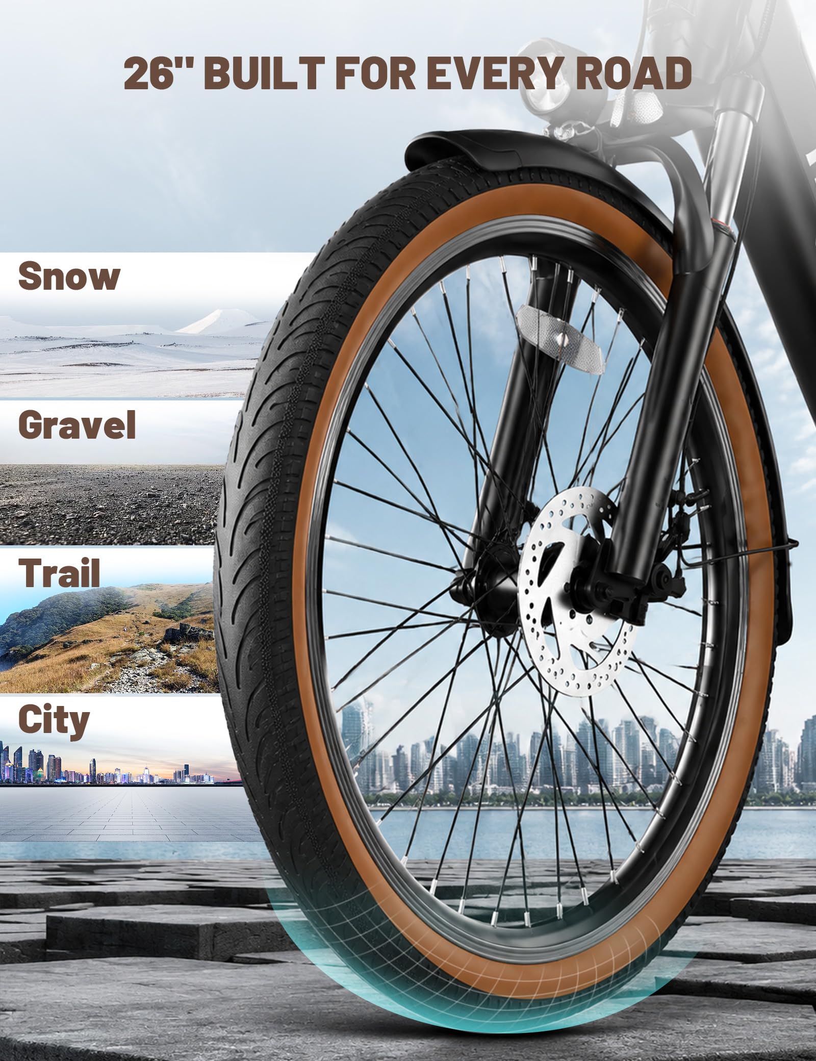 HEADEER BD26195 Bici Elettrica Per Adulti Da 26", Batteria Rimovibile 48V 11.5Ah, Autonomia 80KM (PAS), Bicicletta Elettrica Donna con 7 Velocità, Display a Colori & Forcella Ammortizzata con Blocco