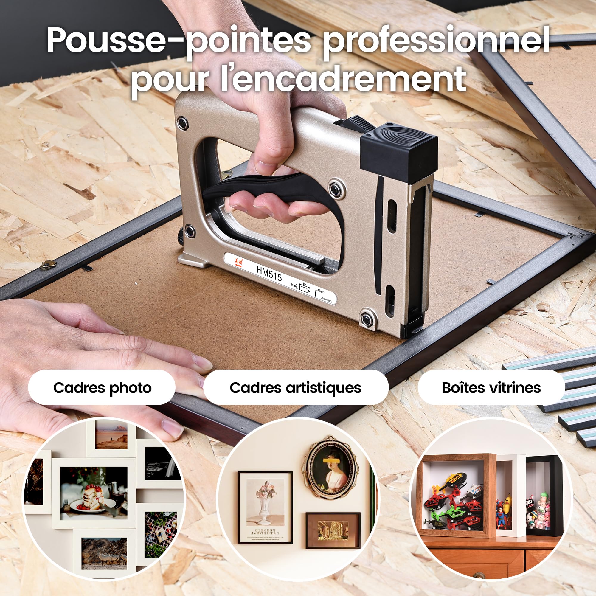 meite Pilote de Point Manuel HM515 Avec 1 000 Pointes Flexibles, Pousse-Pointes Outil de cadrage pour DIY Et Loisirs Créatifs, Cloueuse à Pointes d’encadrement Agrafeuse pour Cadres Photo