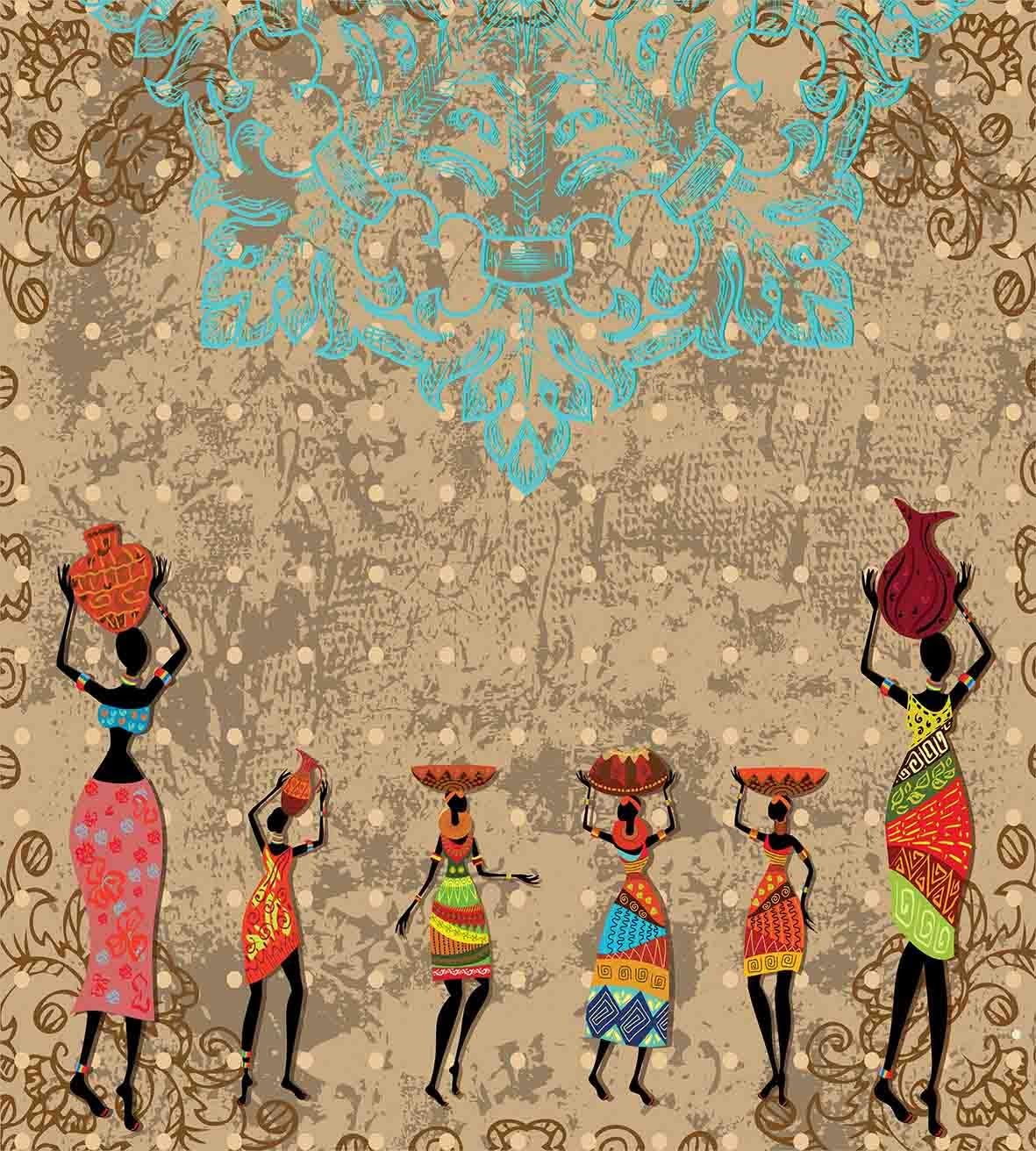 Ambesonne African Duvet Cover Set, Vintage Girls with Pots on The Head on Folkloric Boho Background Illustration, Decorative 3 Piece Bedding Set with 2 Pillow Shams, Queen Size, Seafoam Cocoa