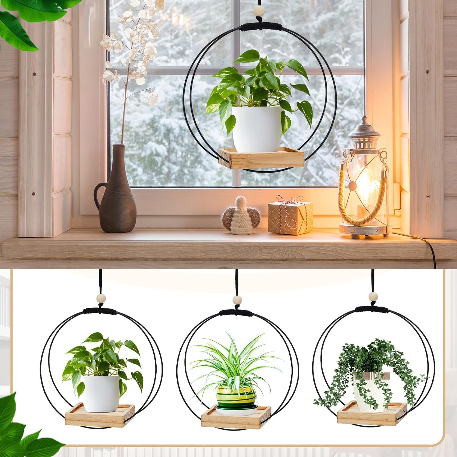 Geelin 2 Pack Plant Hanger with Wood Base Hanging Window Planter Boho Macrame Hanging Plant Holders for Window Indoor Outdoor Room Ceiling Home Decorations(Black)
