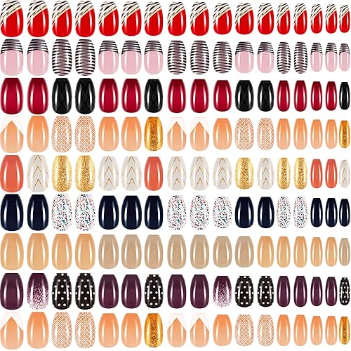 216 piezas de uñas cortas a presión a granel, uñas postizas de bailarina, uñas falsificadas, uñas cortas con purpurina, uñas de presión para salón