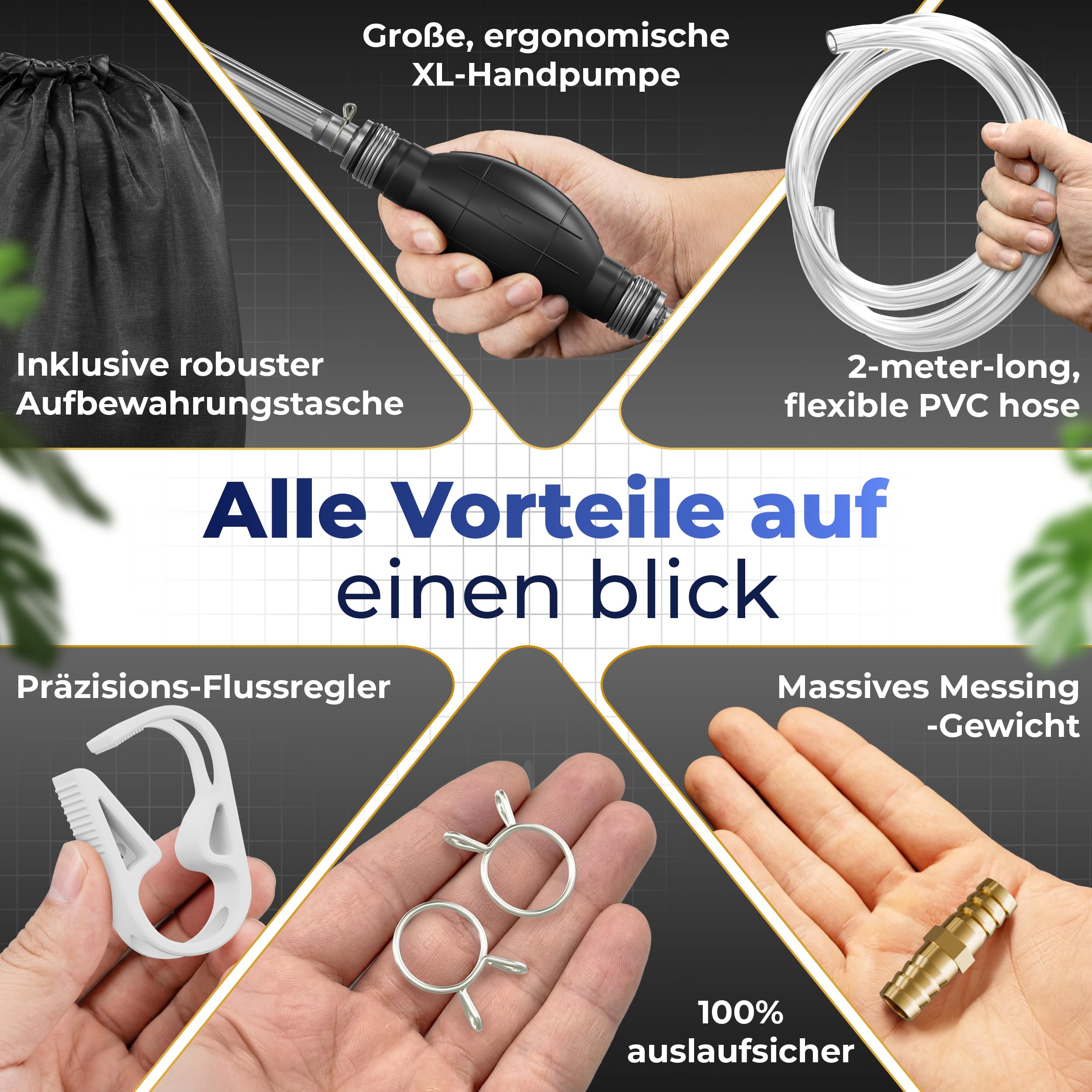 XL Handpumpe Umfüllpumpe 2 Meter Schlauch – Tragbare Ölabsaugpumpe & Kraftstoffpumpe mit Flüssigkeitsregler & Stöpsel – Schlauchpumpe für Wasser Benzin Diesel Öl – Inkl. Aufbewahrungstasche