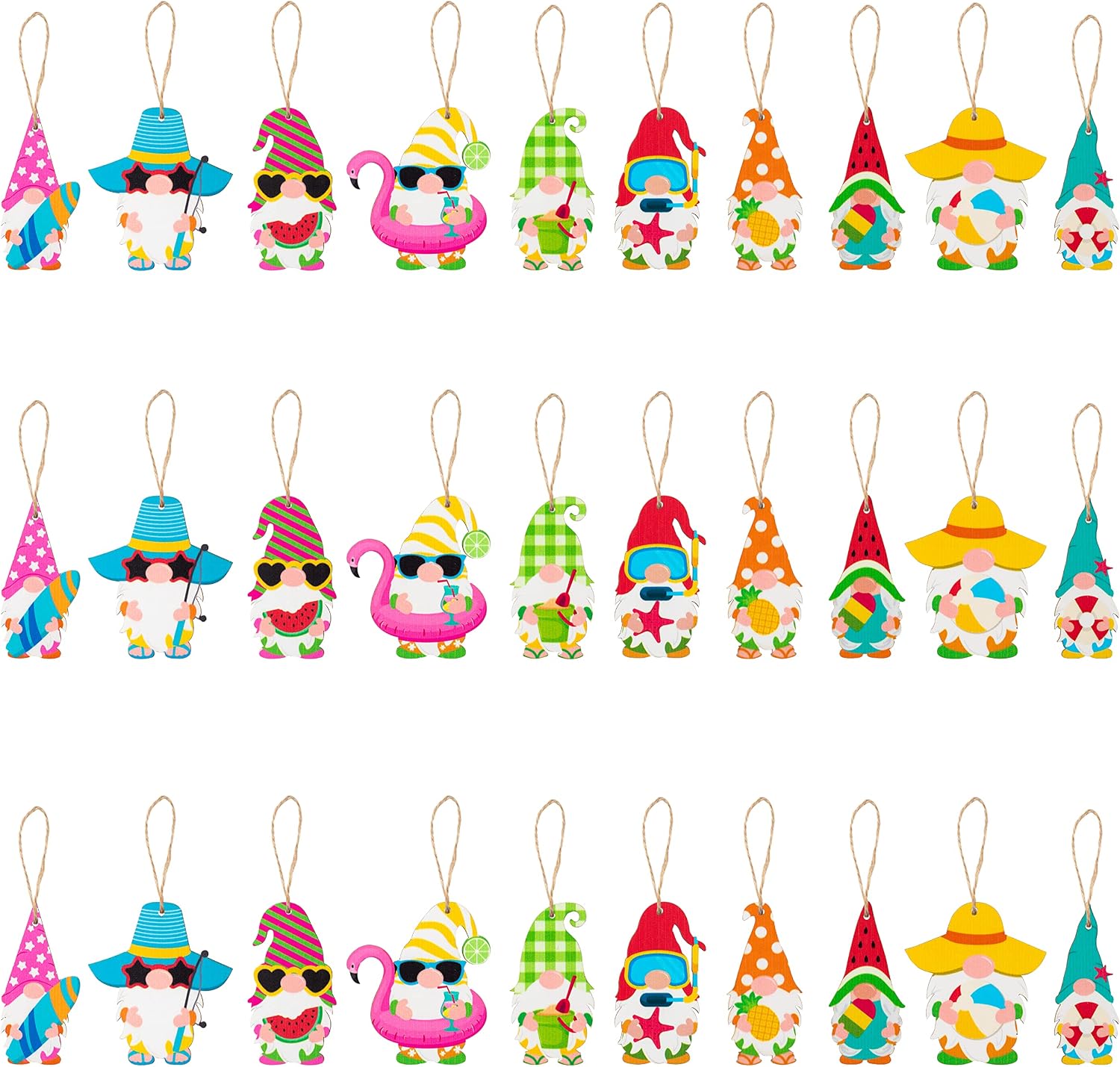 WATINC 31Pcs Sunflower Gnome Hanging Wooden Ornament Set, Summer Gnome Element Plaid Pendant Crafts Decor Supplies, Wood Tags Embellishments with Rope for Holiday Hawaiian Party Decoration (10 Styles)