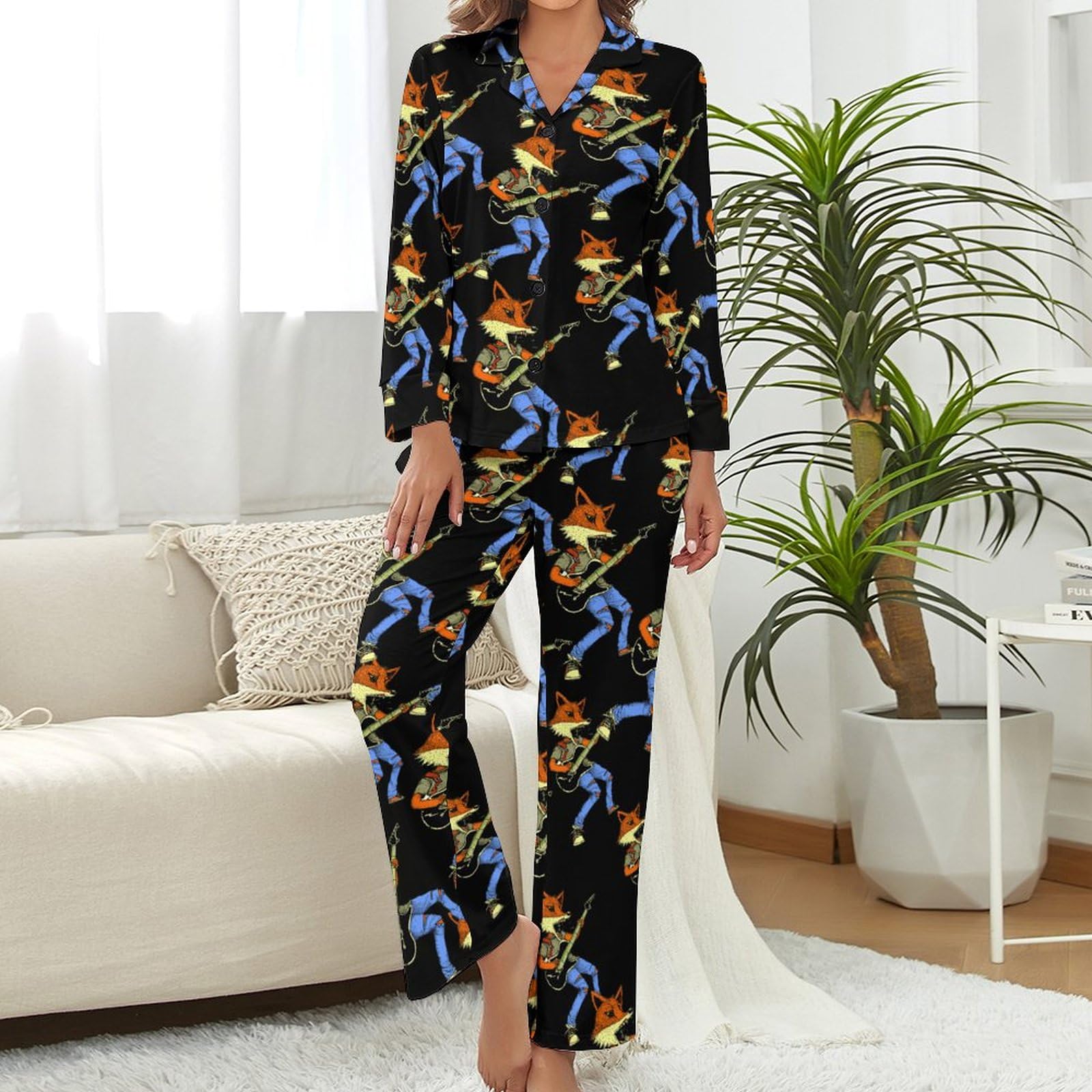 Foxy Fox Playing Guitar Women's Pajama Sets Sleepwear Long Sleeve Shirt Top and Pants 2 Pieces Pjs S