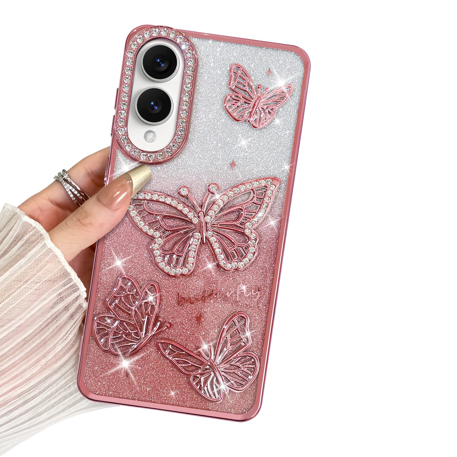 BITOBE Designed for Samsung Galaxy S25 Edge, Cute 3D Butterflies Case Slim Plating Glitter Bling Luxury Rhinestone Cover for Women Girls Protective