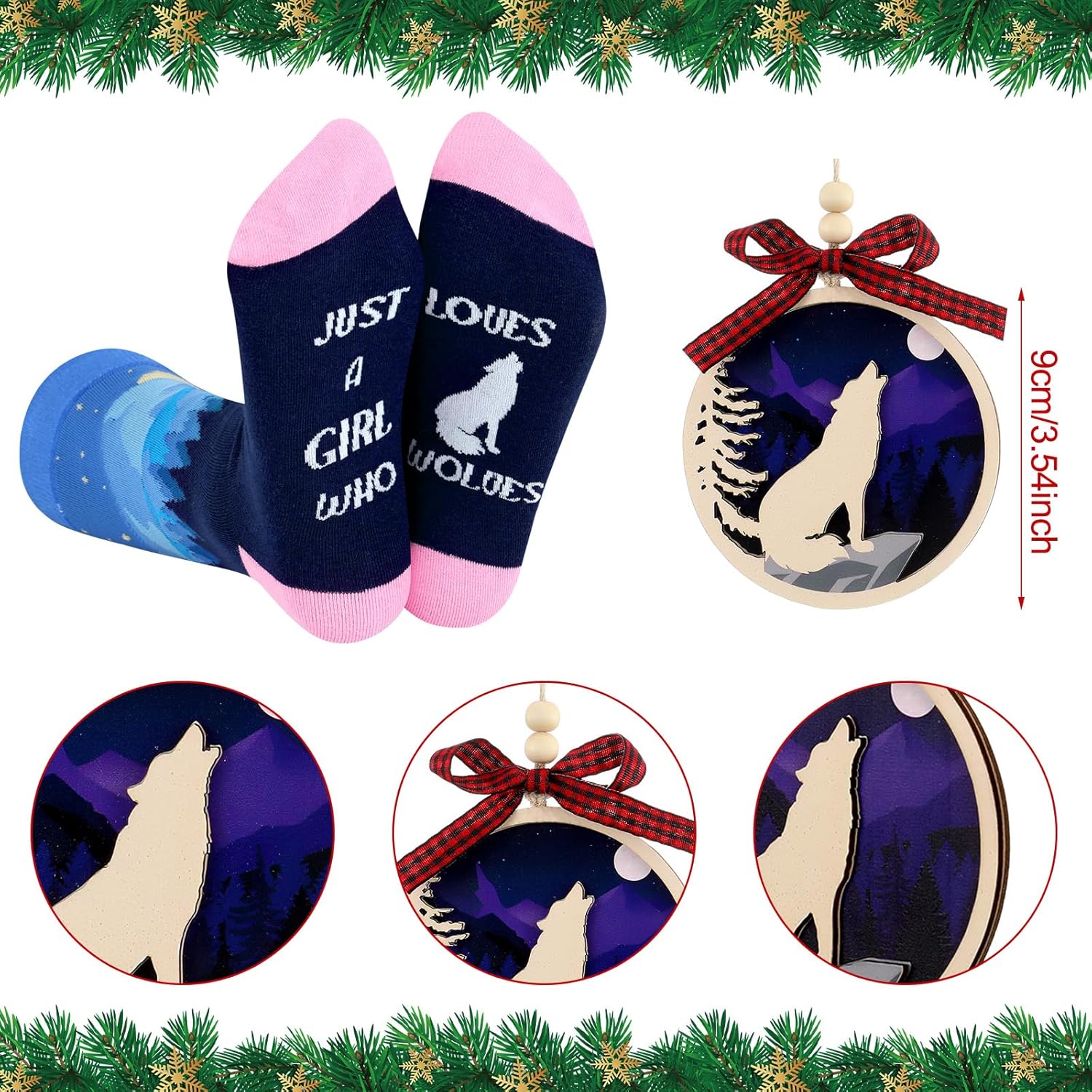Patelai 4 Pcs Christmas Wolf Gifts Set Include1 Flannel Blankets Throws 1 Stainless Steel Insulated Tumbler 1 Funny Socks 1 Wood Ornament Wolf Lovers Gifts for Teen Girls Women