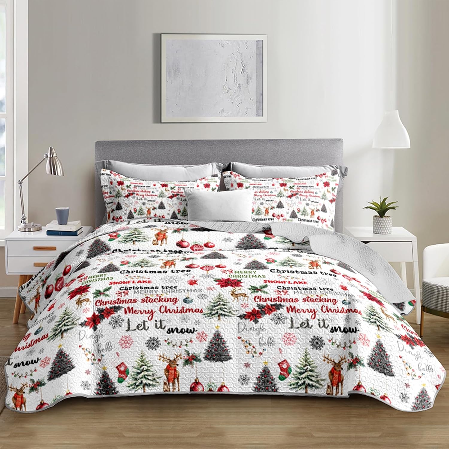 QOOMO 3 Piece Christmas Quilt Set, Christmas Tree Snowflake Quilt Bedspread Throw Blanket Lightweight Bedspread Coverlet Bedding Set King Size