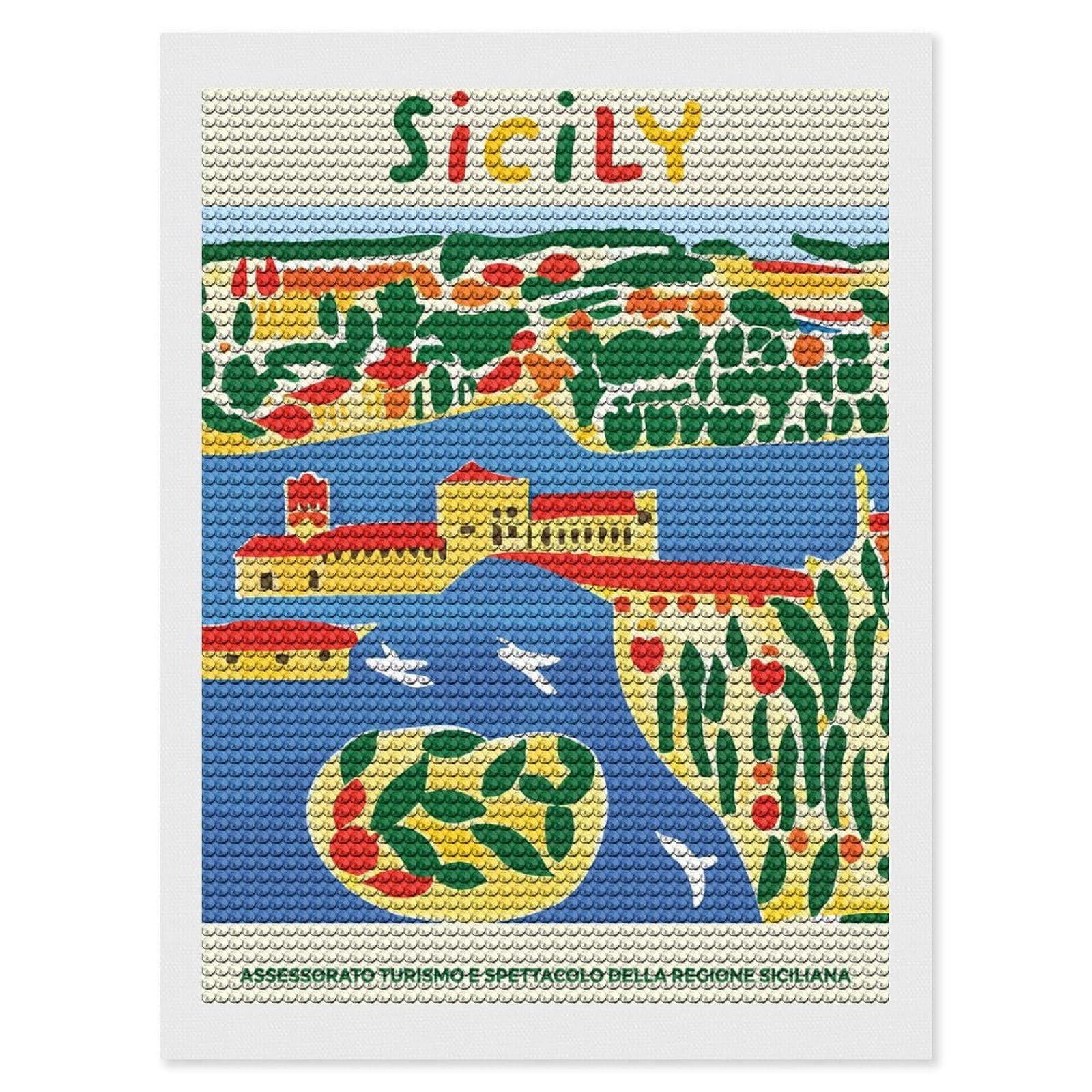 Junmoney Sicily Colorful Landscape Diamond Painting Set 12"x16", Modern Decor, for Beginners, Printed Canvas, Thoughtful Handmade Gift, with Tool Kit