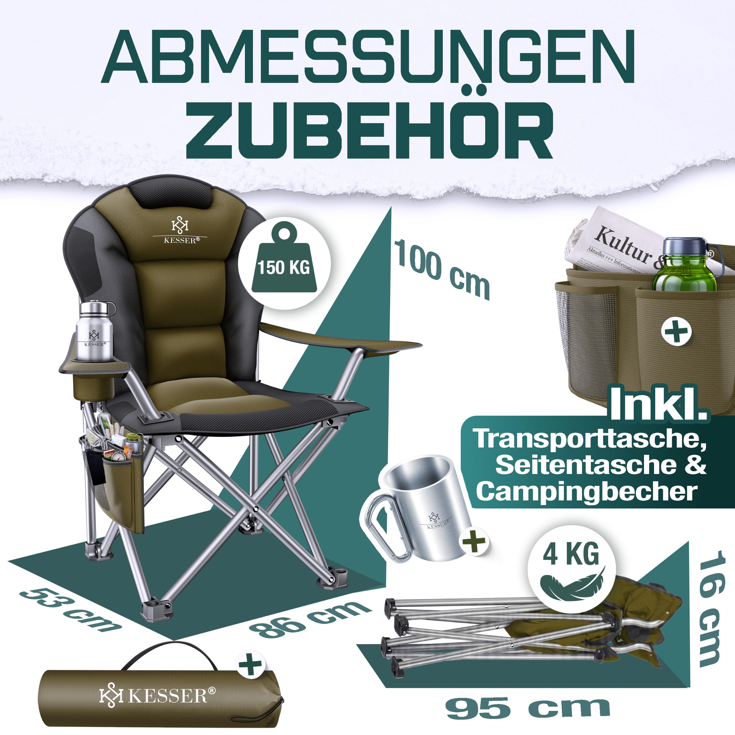 KESSER krzesło kempingowe, składane, do 150 kg, krzesło wędkarskie, składane krzesło tapicerowane podłokietnikami i uchwytem na napoje + torba z wysokim oparciem, krzesło plażowe, składany taboret