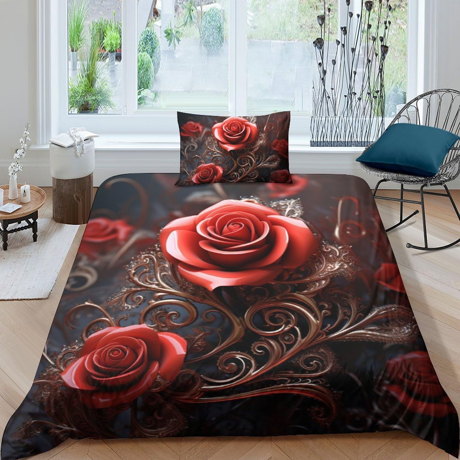 Housse de couette rose rouge 3 pièces avec taies d'oreiller lit simple coton microfibre