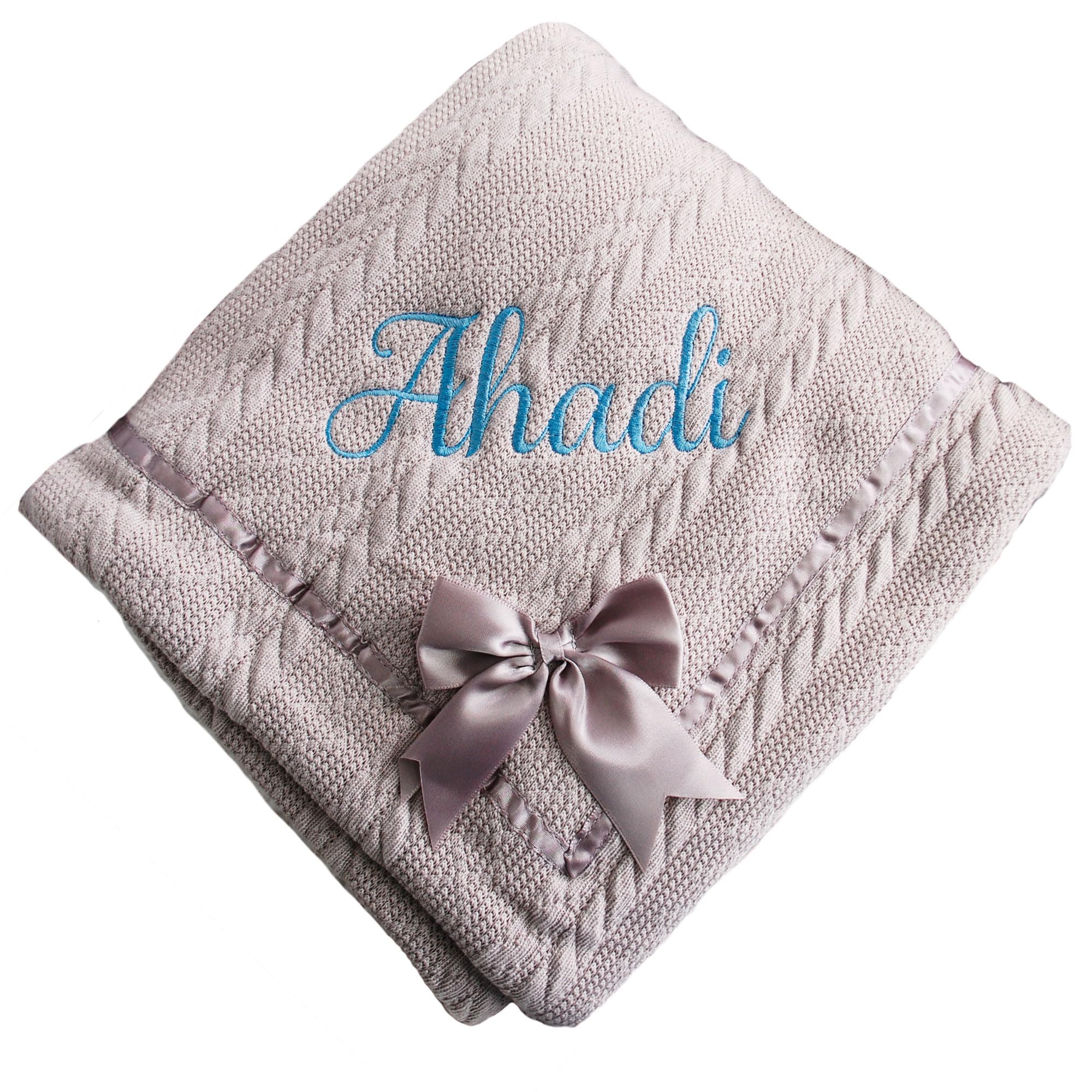 inspired creative design Personalised Embroidered Super Snuggly Cable knit wrap with a Satin Bow sherpa back, New Born Baby Boy, Baby Girl Blanket, (Grey) — image 1