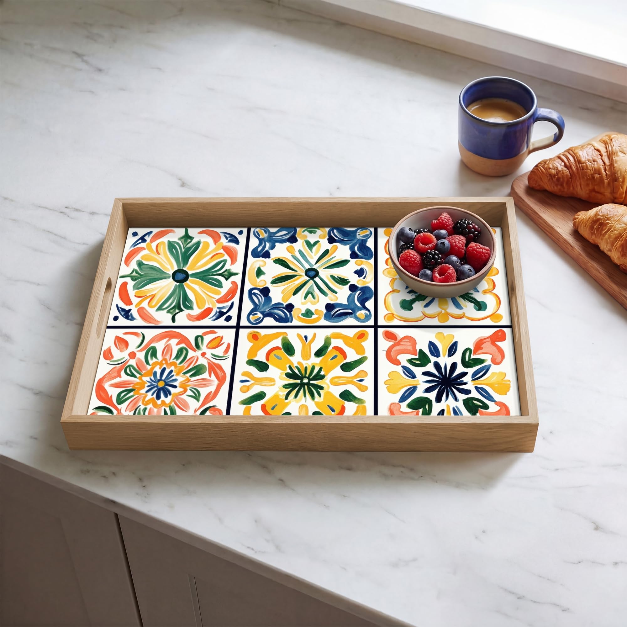 Serviertablett Rechteckig 50x35 cm Servierplatte Eiche Holz Tablett Mit Henkel Tray Kratzfest Kaffeetablett Tabletts Teetablett Spanisch - Kacheln - Keramik - Blumen