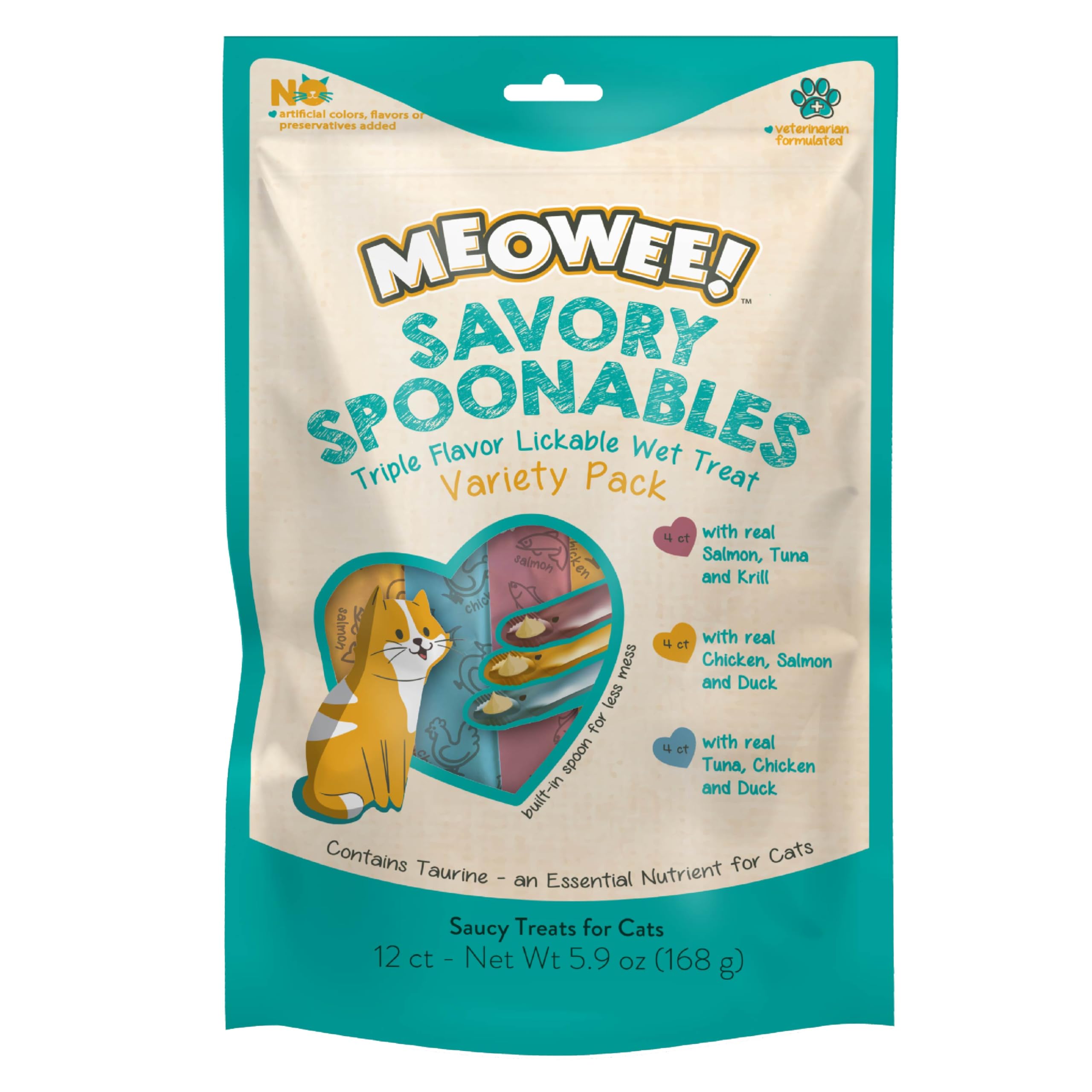 MEOWEE! Savory Spoonables Variety Pack, 12 Count Tube, Triple Flavor Squeezable Lickable Wet Treats for Cats with Built-in Spoon for Less Mess