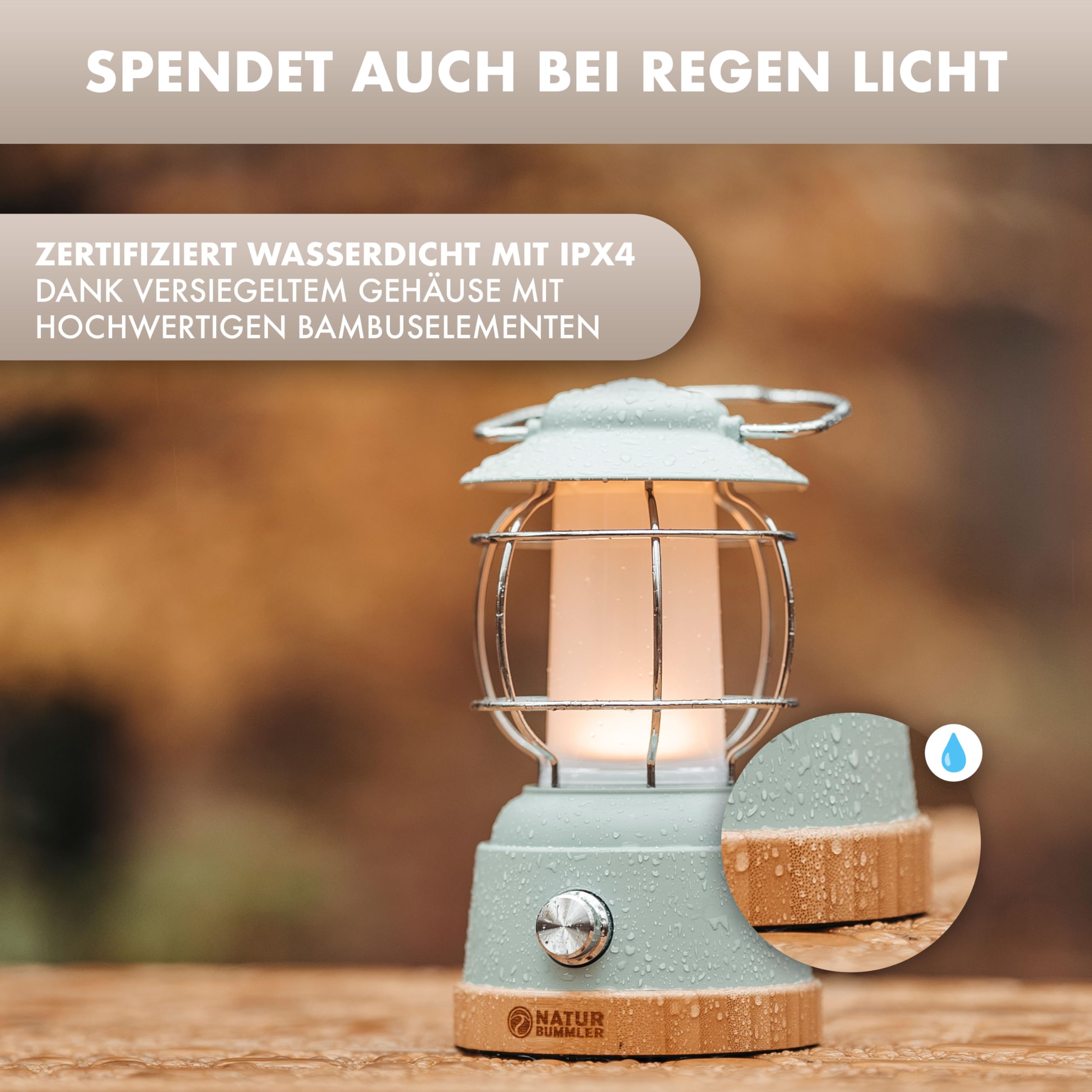 NATURBUMMLER Campinglampe aufladbar mit Powerbank [LUX Secure+] IPX4 wasserdicht & dimmbar – 5200 mAh Akku mit 200h Leuchtkraft für gemütliche Abende – LED Zeltlampe Campinglicht Outdoor