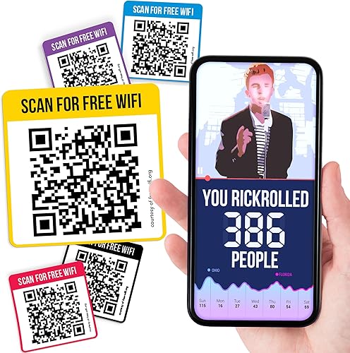 Miniatura 1 de Calcomanías de broma con código QR Trackable Rick Roll 'Free WiFi'  Track Success wAnalytics Dashboard único para cada paquete  Cosas divertidas de
