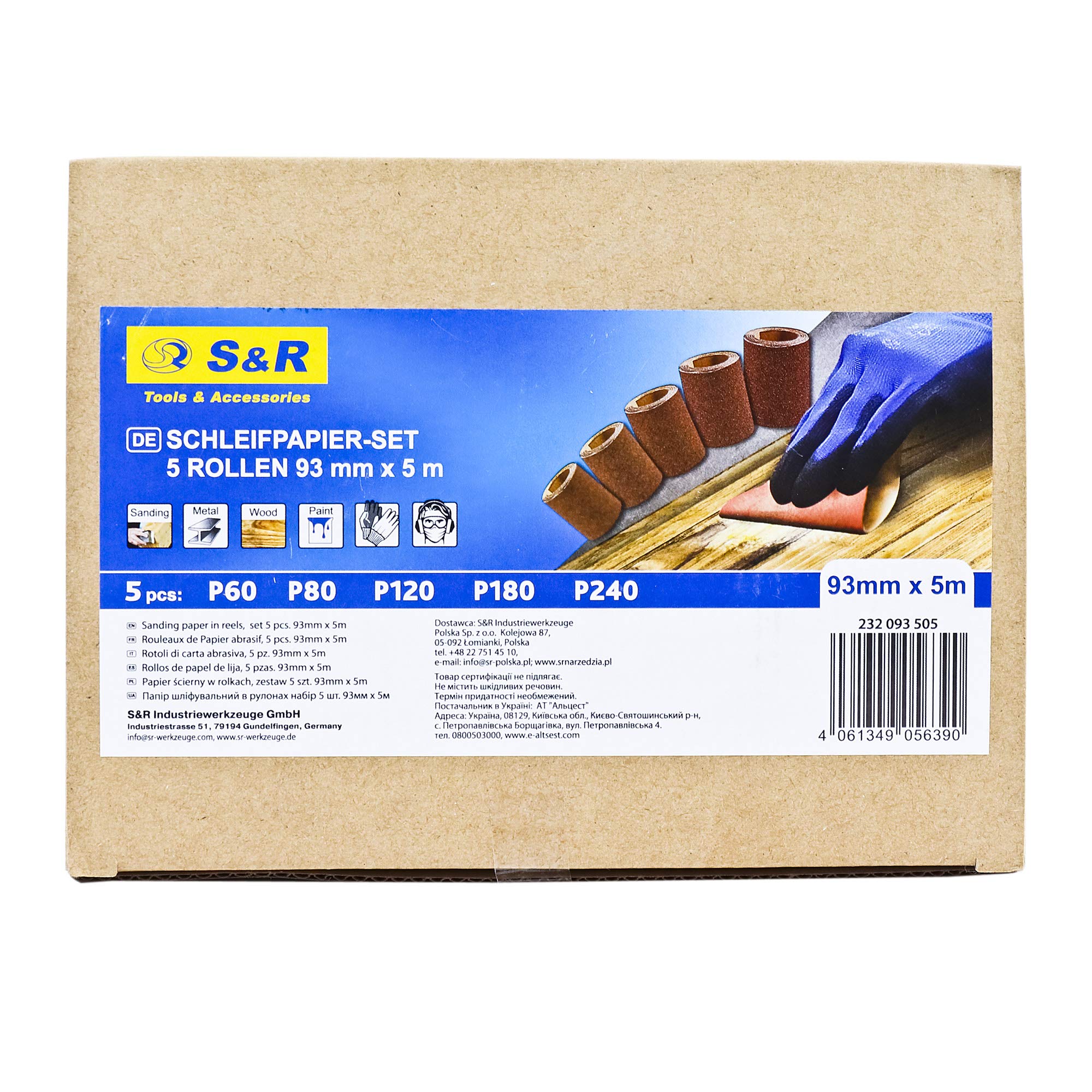 S&R 5 Rollos de Papel de lija para Madera Metal Pared de 93 mm x 5 m grano 60/80/120/180/240