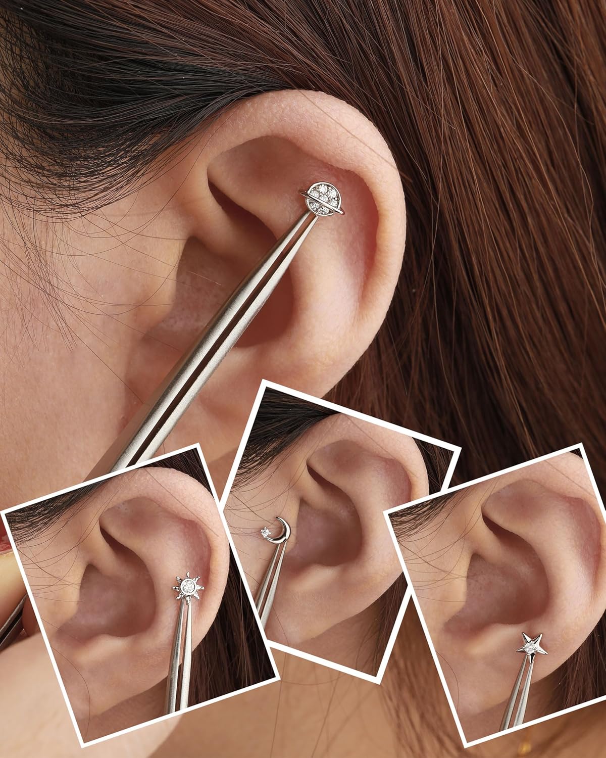 Jewseen 316L Surgical Steel Flat Back Earrings 4PCS 16g Internally Threaded Cartilage Stud Nose Lip Piercing Jewelry Tragus Helix Earrings for Women Men - Image 2