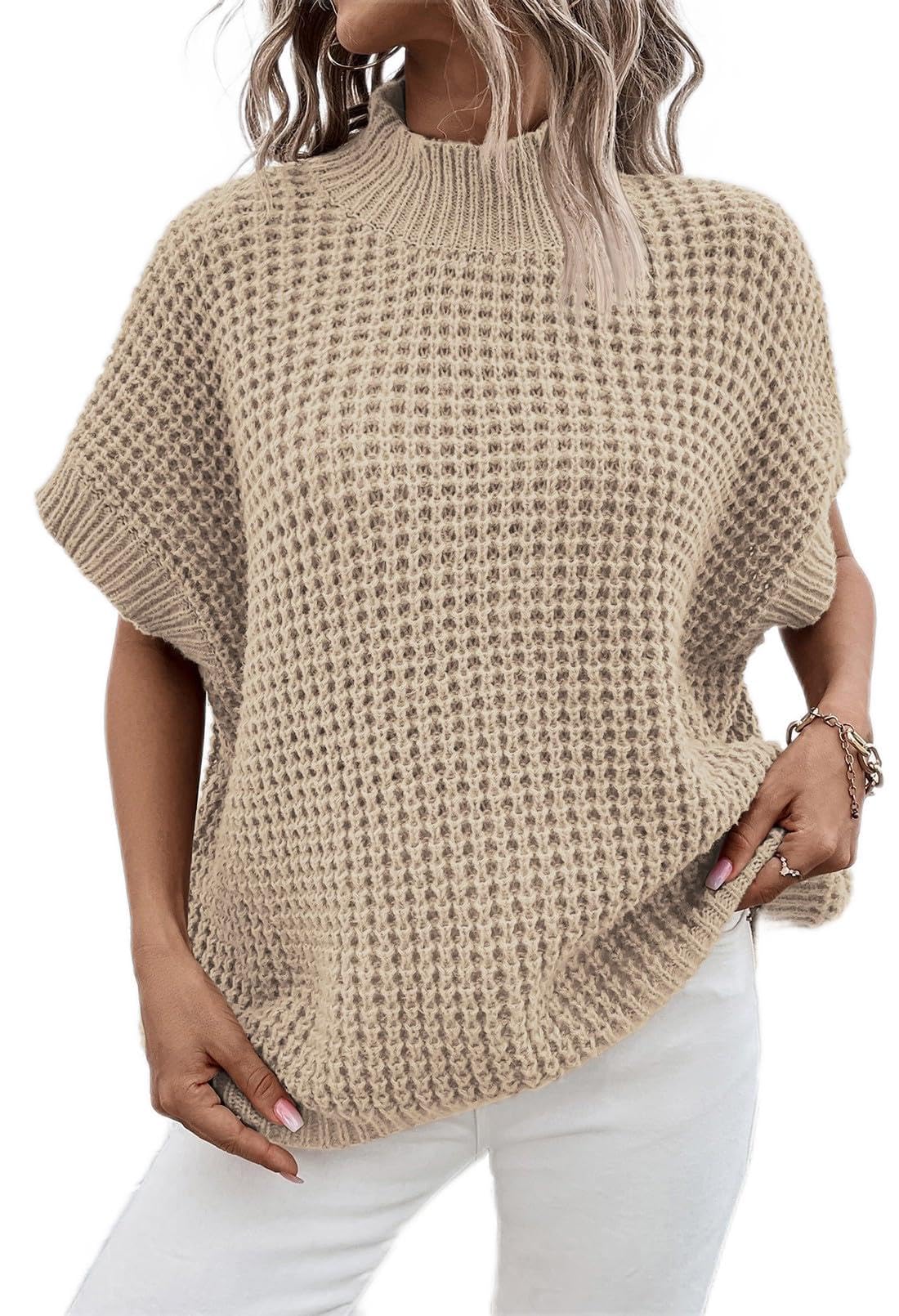 viottiset Womens Oversized Short Batwing Sleeve Mock Neck Sweater Vest Fall Sleeveless Pullover Knit Sweaters-picture-47
