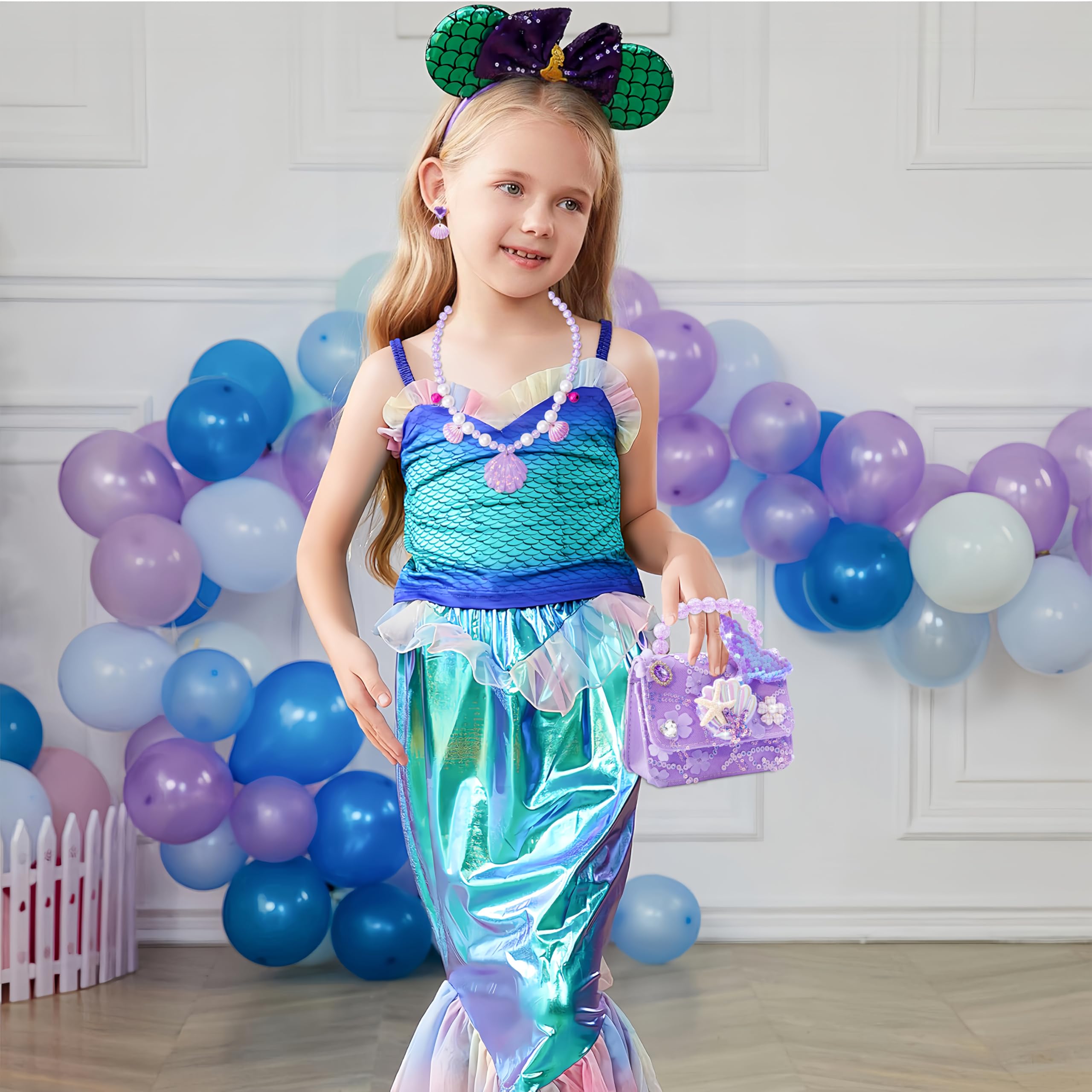 Little Girls Handbag Mermaid Theme Crossbody Bag Purse with Kids Dress Up Jewelry Set Necklace Earring Bracelet Ring Mini Flip Wallet Bag Set Dress Up Party Favors for Little Girls, 3-7 Years Old - Image 4