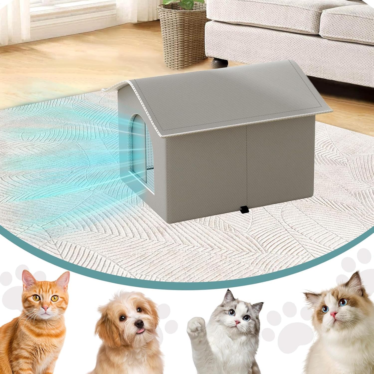 Cooling Cat House with Air Conditioning 9 Ice Packs, Outdoor Indoor Waterproof Insulated House, Foldable Cat Shelter for All Seasons
