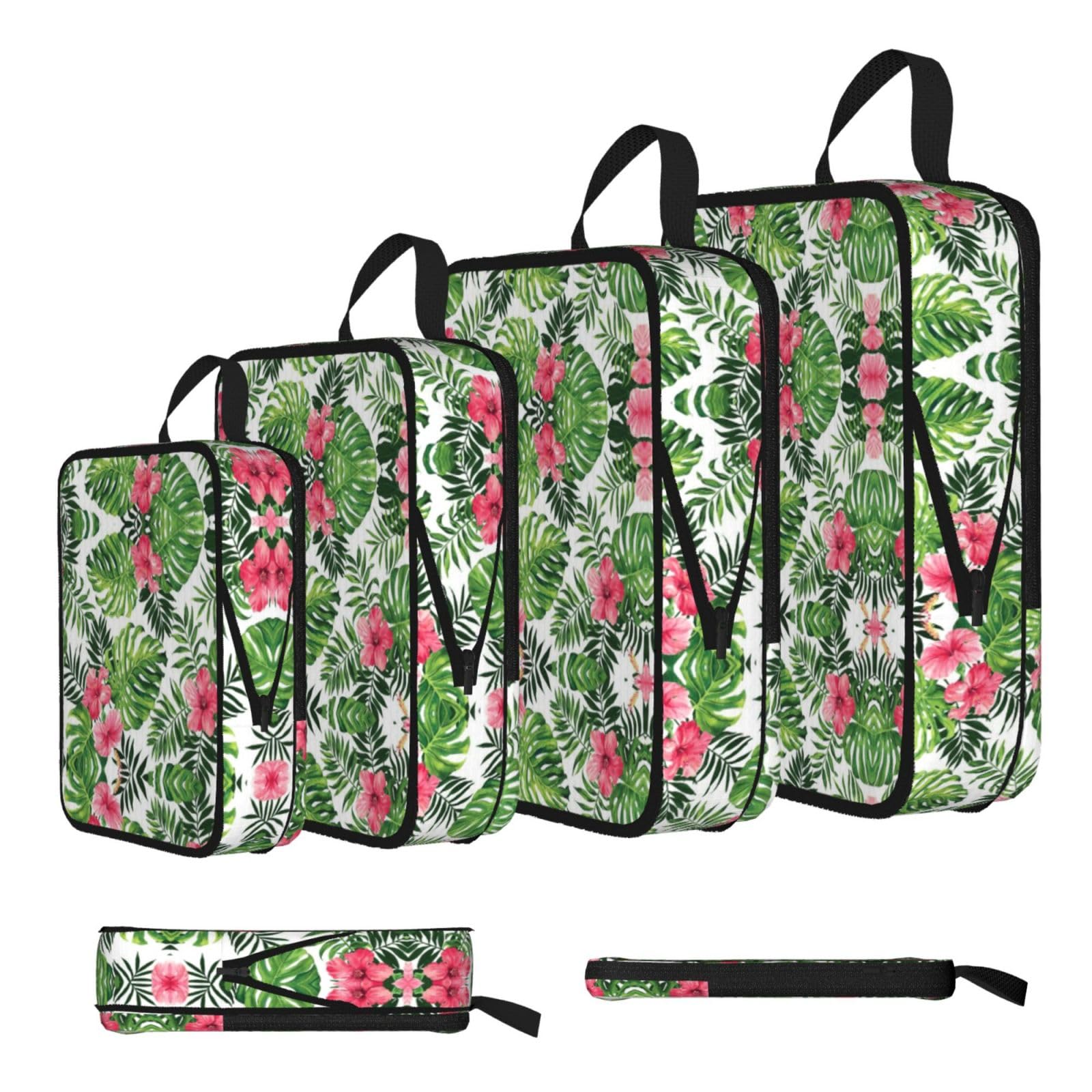 Esnaiuvcd Black Tropical Leaves Print 4 Set Compression Packing Cubes For Suitcases,Expandable Storage Bags Organizers