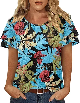 CRAZY GRID Women's Shirts Summer Casual Crewneck Ruffle Short Sleeve Blouses Cute Floral Print Tunic Tops