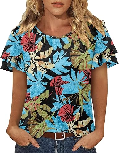 CRAZY GRID Women's Shirts Summer Casual Crewneck Ruffle Short Sleeve Blouses Cute Floral Print Tunic Tops
