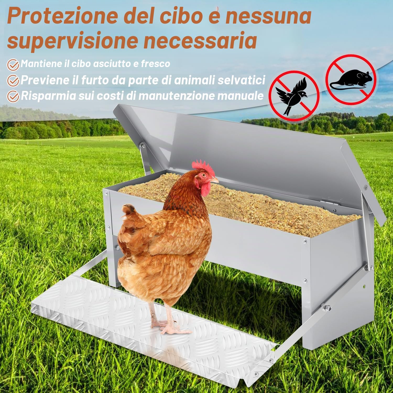Sonnewelt Mangiatoia automatica per polli in acciaio zincato, 5 kg, distributore di mangime per polli, mangiatoia con pedale automatico e copertura impermeabile, mangime per polli e altri volatili