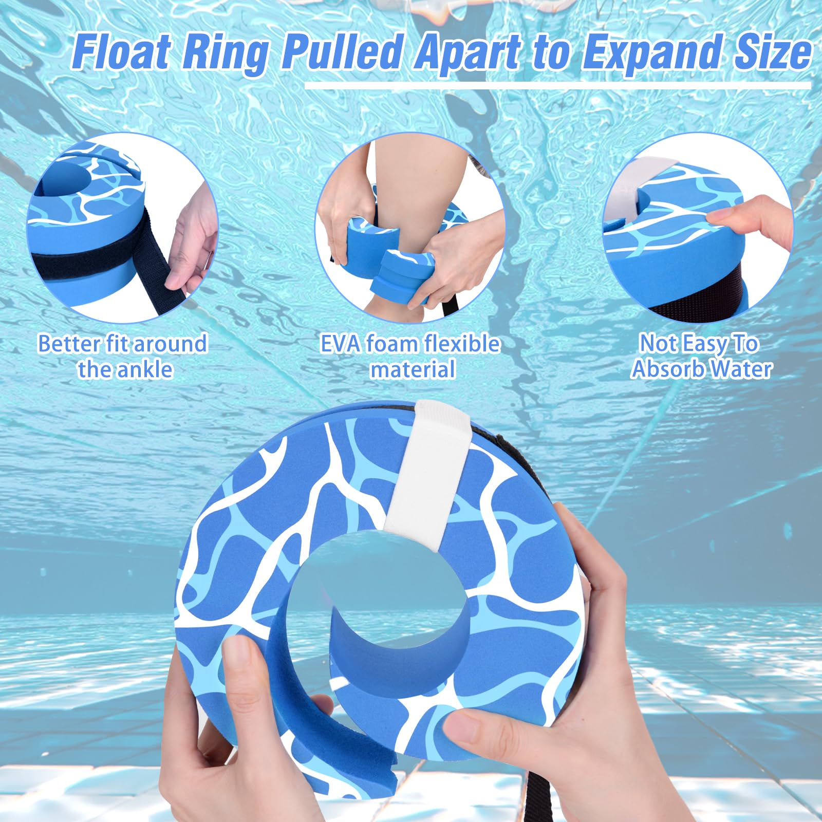 Hikeen Swim Aquatic Cuffs,High-Density EVA Water Aerobics Float Ring Fitness Pool Exercise Weights Set, Water Ankles Arms Belts with Adjustable Float for Swim Fitness Training (Blue)