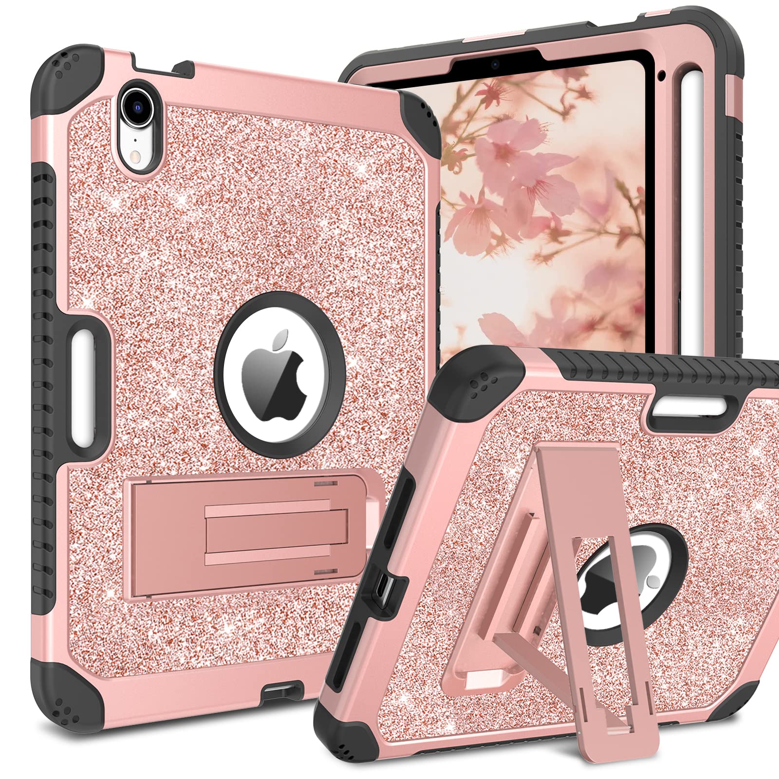 DUEDUE Case for iPad mini 7 (A17 Pro) 2024,iPad mini 6 Case 2021 with Kickstand, Glitter Shockproof Stand Heavy Duty Hard PC Cover Protective Case for