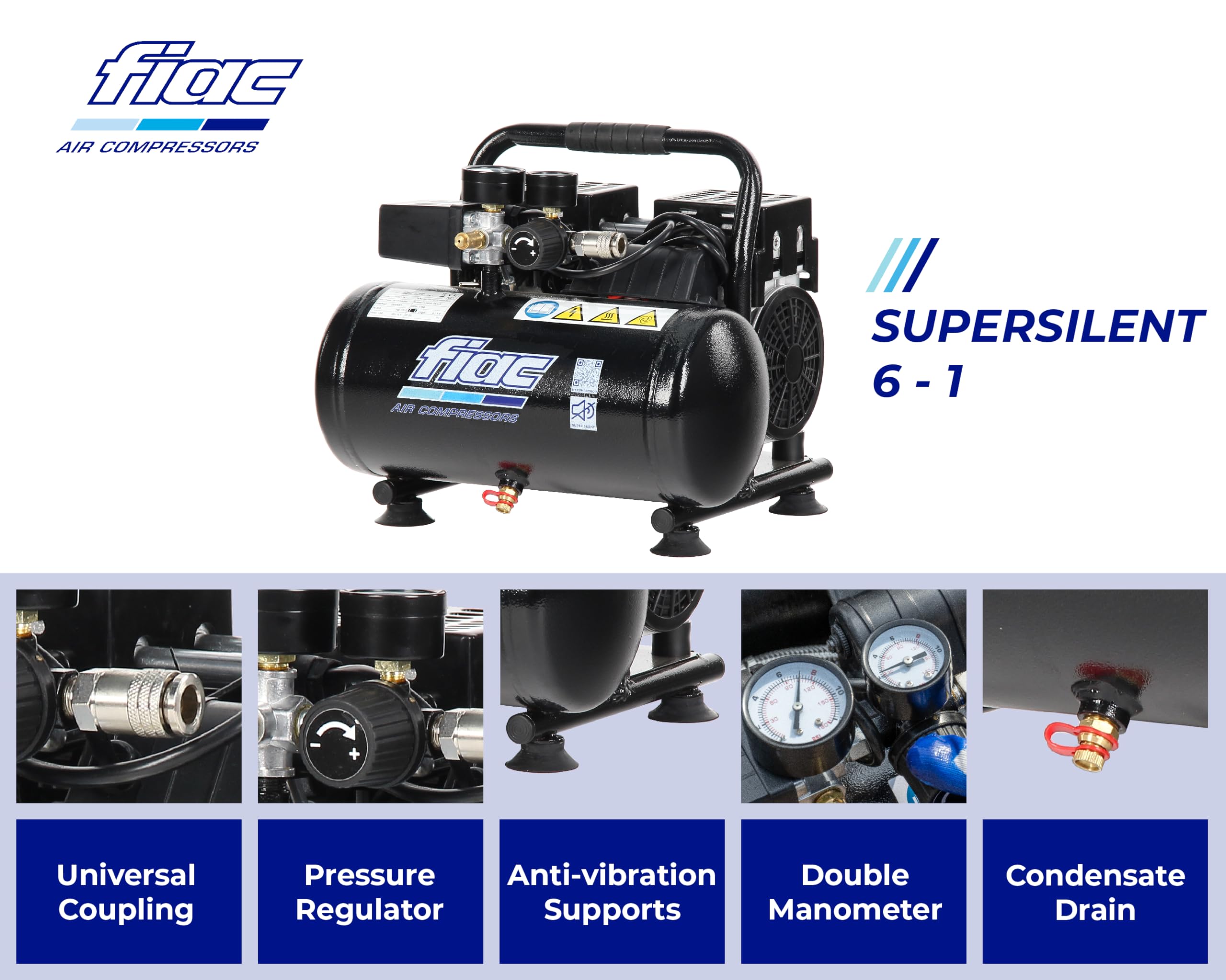 FIAC Tragbarer Luftkompressor SUPERSILENT 6, Ölfrei, Maximaler Druck 8 Bar, 1 PS, 6-Liter-Tank, Geräuschpegel 58 dB LpA