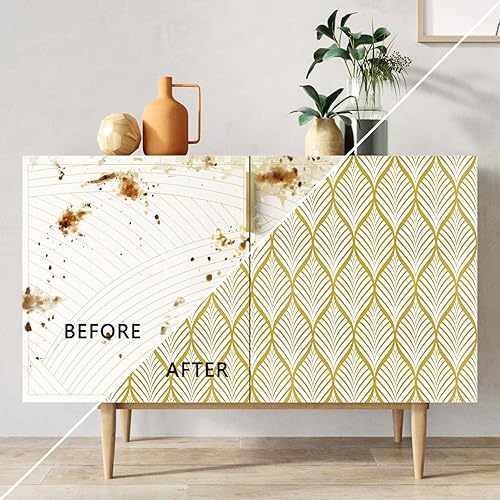 Miniatura 3 de WENMER Papel tapiz dorado de 17.7 pulgadas x 1181 pulgadas, papel tapiz geométrico bohemio dorado y blanco, papel tapiz de hojas autoadhesivo,