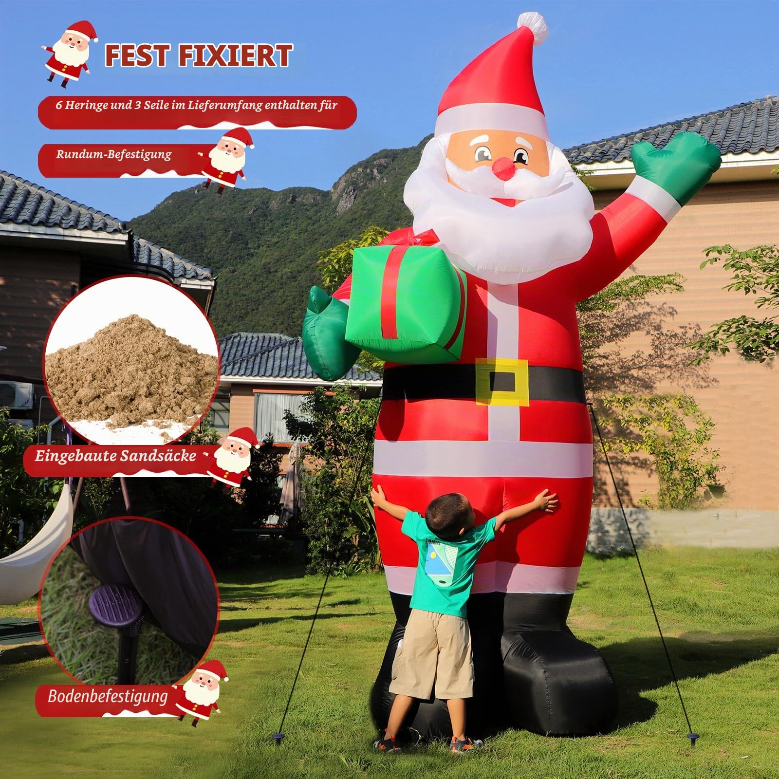 Aufblasbarer Weihnachtsmann 3 m mit LED Beleuchtung, riesige Weihnachtsdeko Außen, große Weihnachtsfigur mit Geschenkboxen, wetterfest & windstabil, Outdoor Weihnachtsbeleuchtung für Garten, Eingang