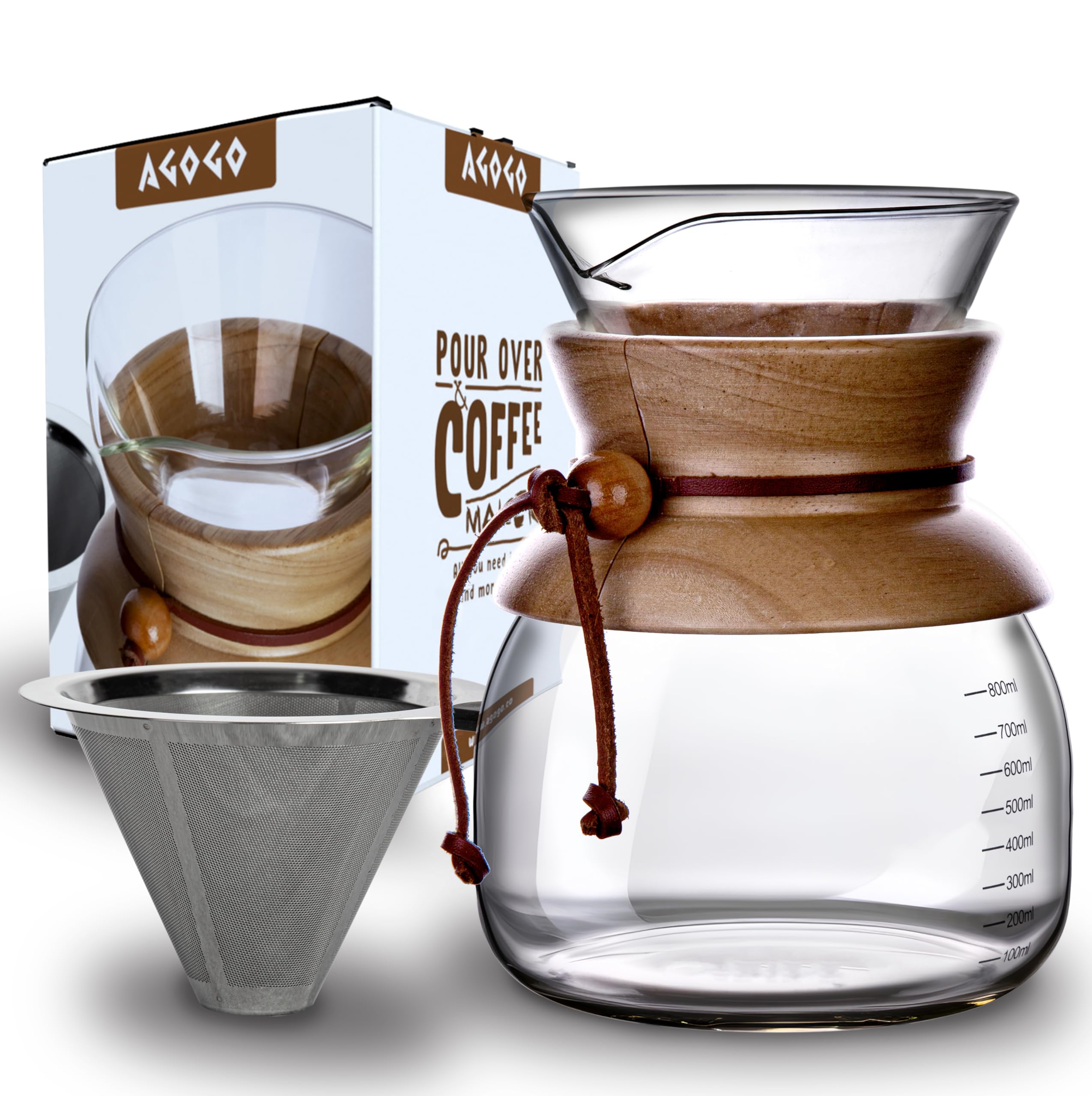 AGOGO Verter sobre vidrio cafetera gotero con filtros de metal, alta capacidad, 800-1000 ml (800 ml)