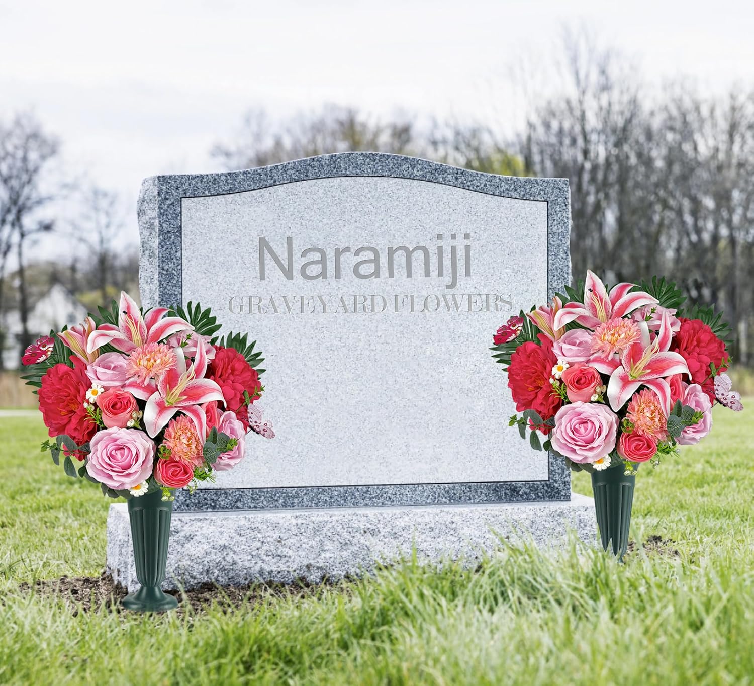 Long-Lasting Colorfast Cemetery Flowers with Grave Vase -Pink Roses for Headstone Decorations, Sympathy & Memorial Tributes