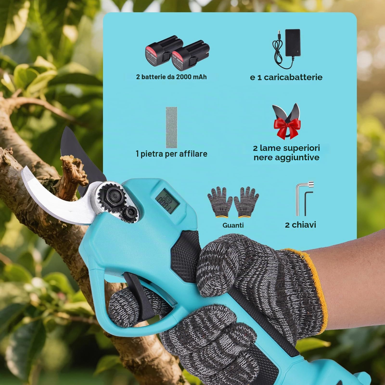 Forbici Potatura a Batteria 35mm 2 Batterie 21V 2.0Ah, Cesoie Elettriche con Motore Brushless, Lame SK5 Rivestite in PTFE per Giardino, Ulivi e Alberi da Frutto Blu