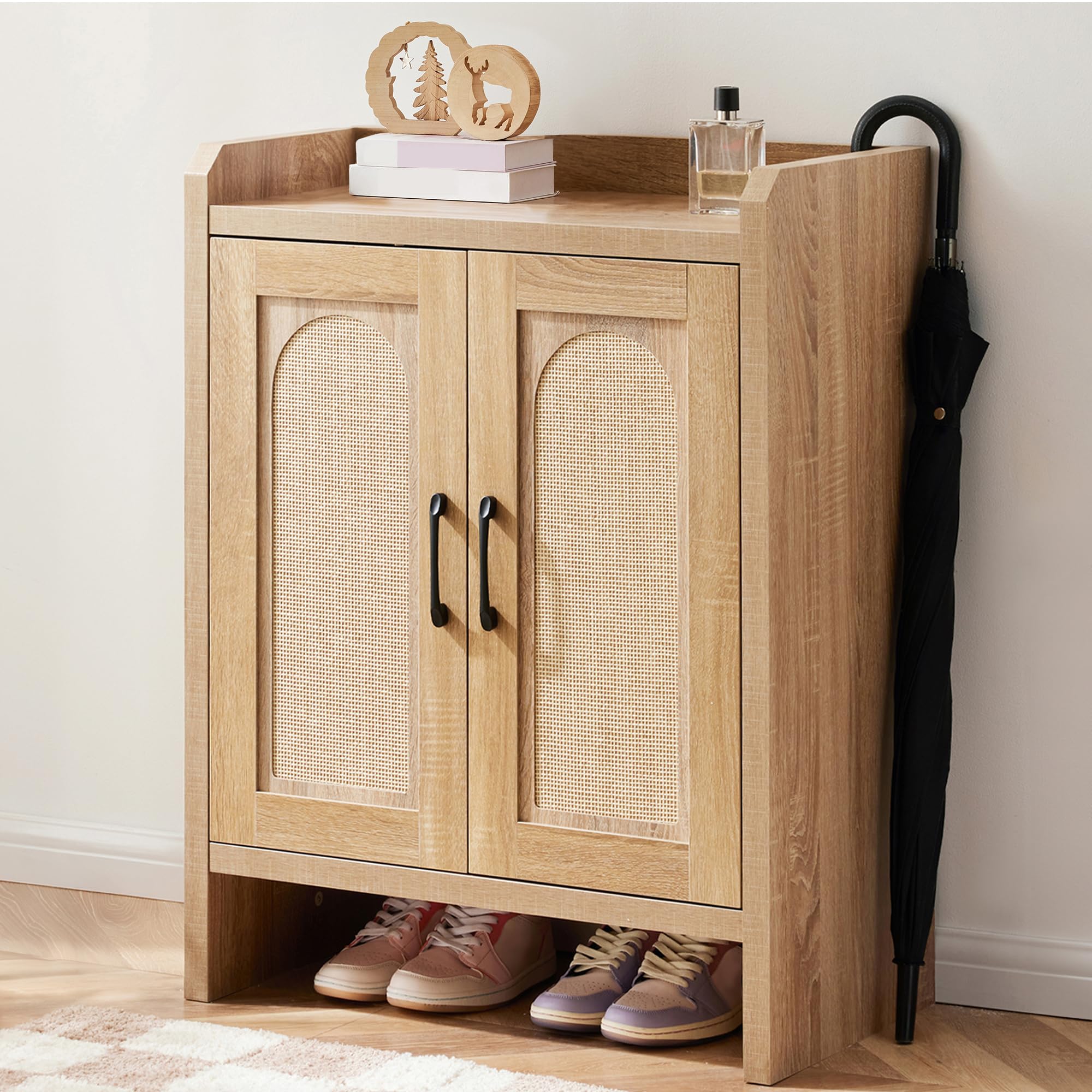 Mericonia Rattan Shoe Cabinet with Doors,5-Tier Shoe Storage Cabinet with Adjustable Shelves, Wooden Shoes Rack Shoe Storage Organizer for Entryway, Hallway, Closet, Living Room