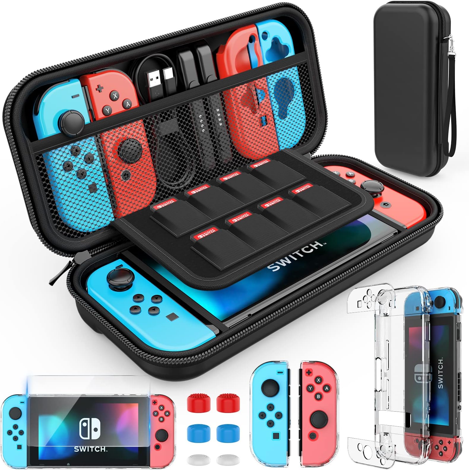 HEYSTOP Case Compatible with Nintendo Switch Carry Pouch Cover HD Screen Protector Thumb Grips Caps Console Accessories