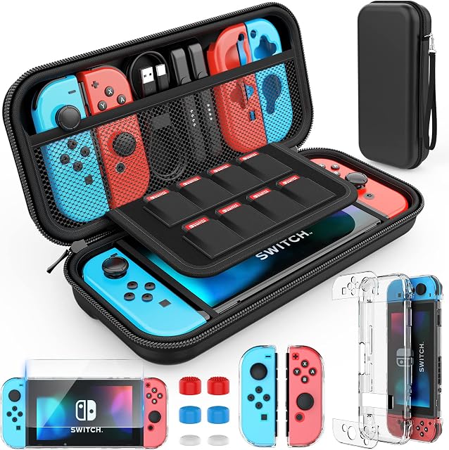 HEYSTOP Case Compatible with Nintendo Switch Carry Case Pouch with Cover Case HD Screen Protector Thumb Grips Caps Compatible with Nintendo Switch Console Accessories