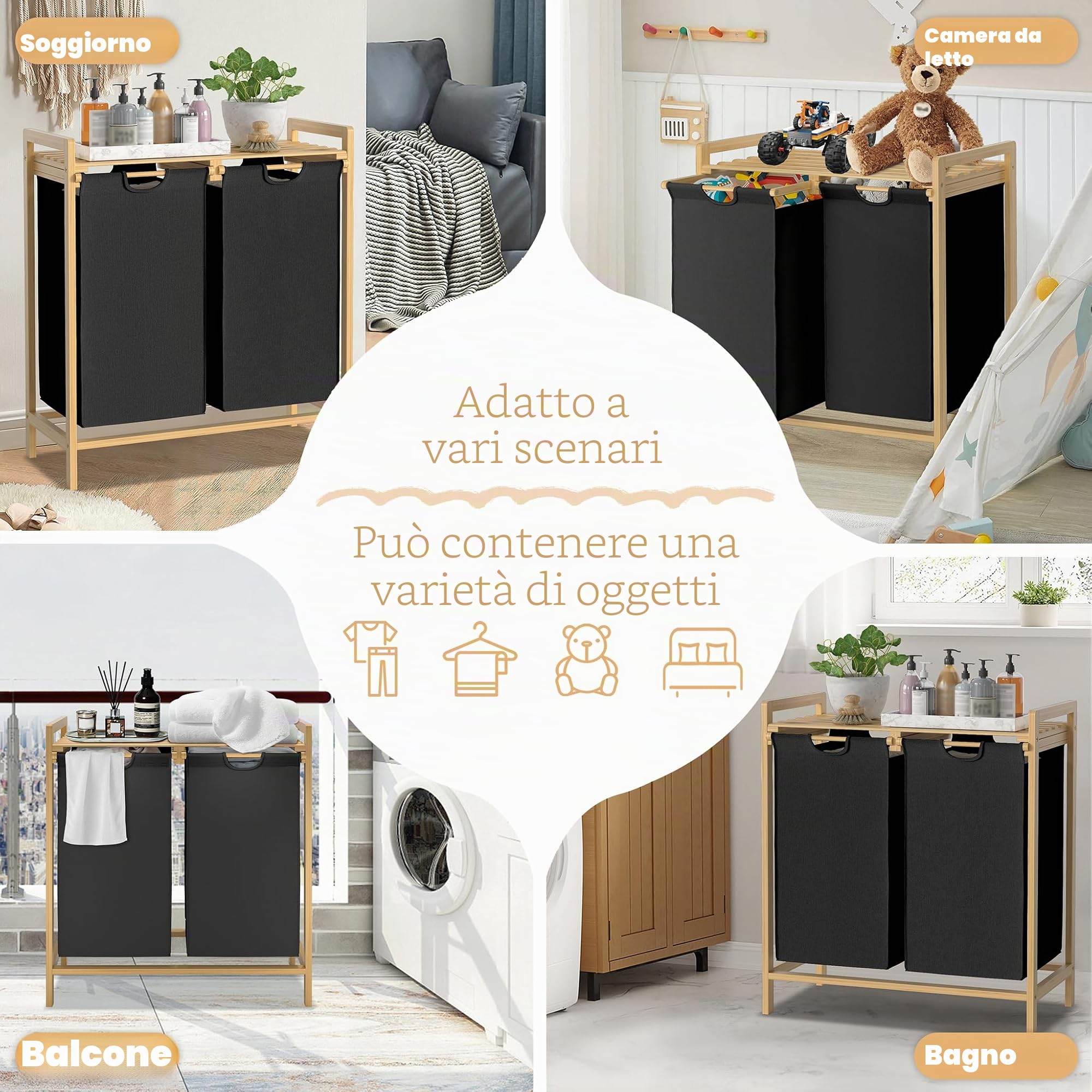 Froadp Cesto portabiancheria con telaio in bambù, sacchetto in tessuto Oxford rimovibile e lavabile, 2 scomparti separati, per la casa, nero, 73 x 64 x 33,5 cm